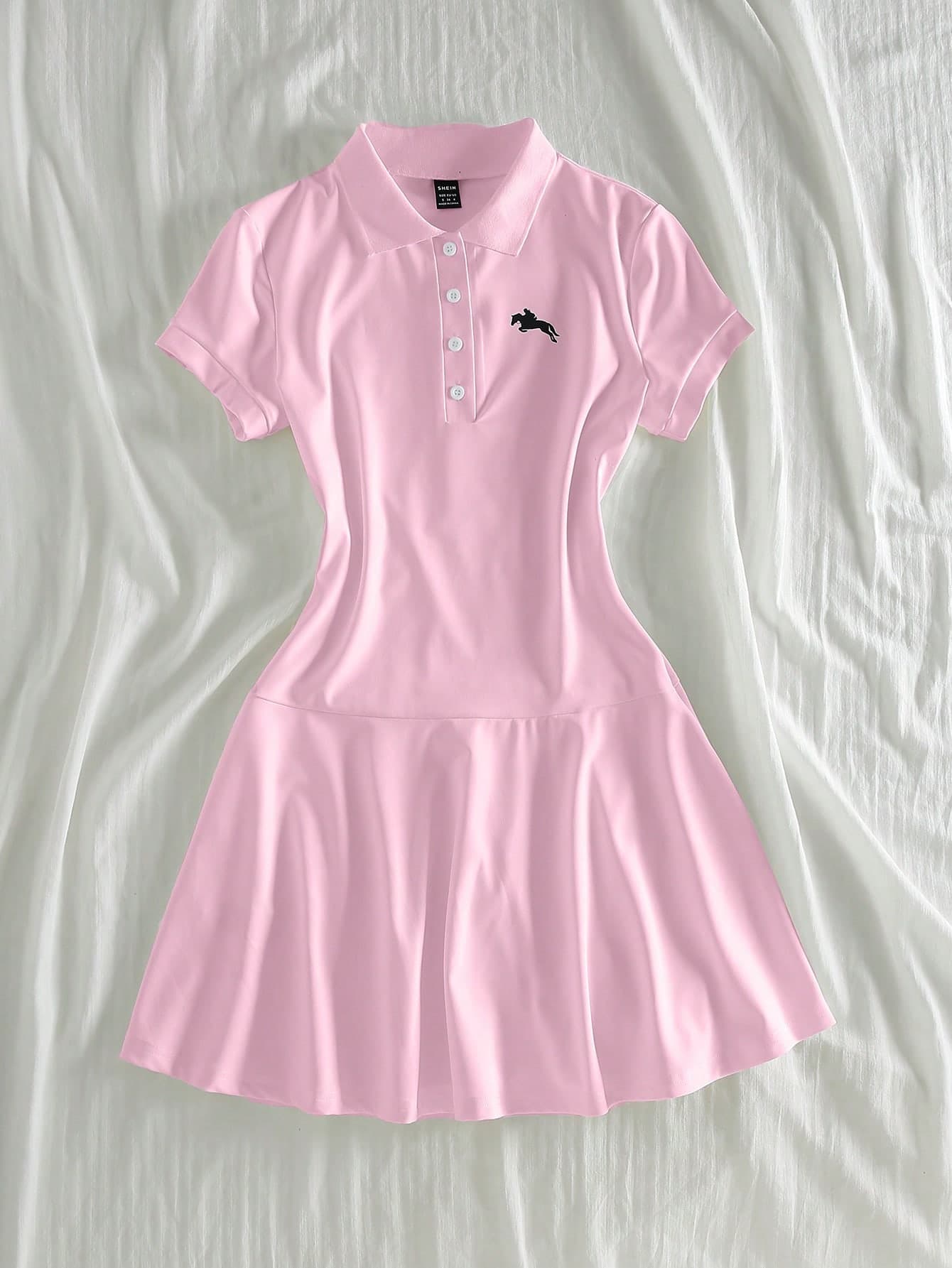 Elamini Polo Collar Casual Women's Short Sleeve Dress With Horse Print Back-To-School School Light Pink Summer