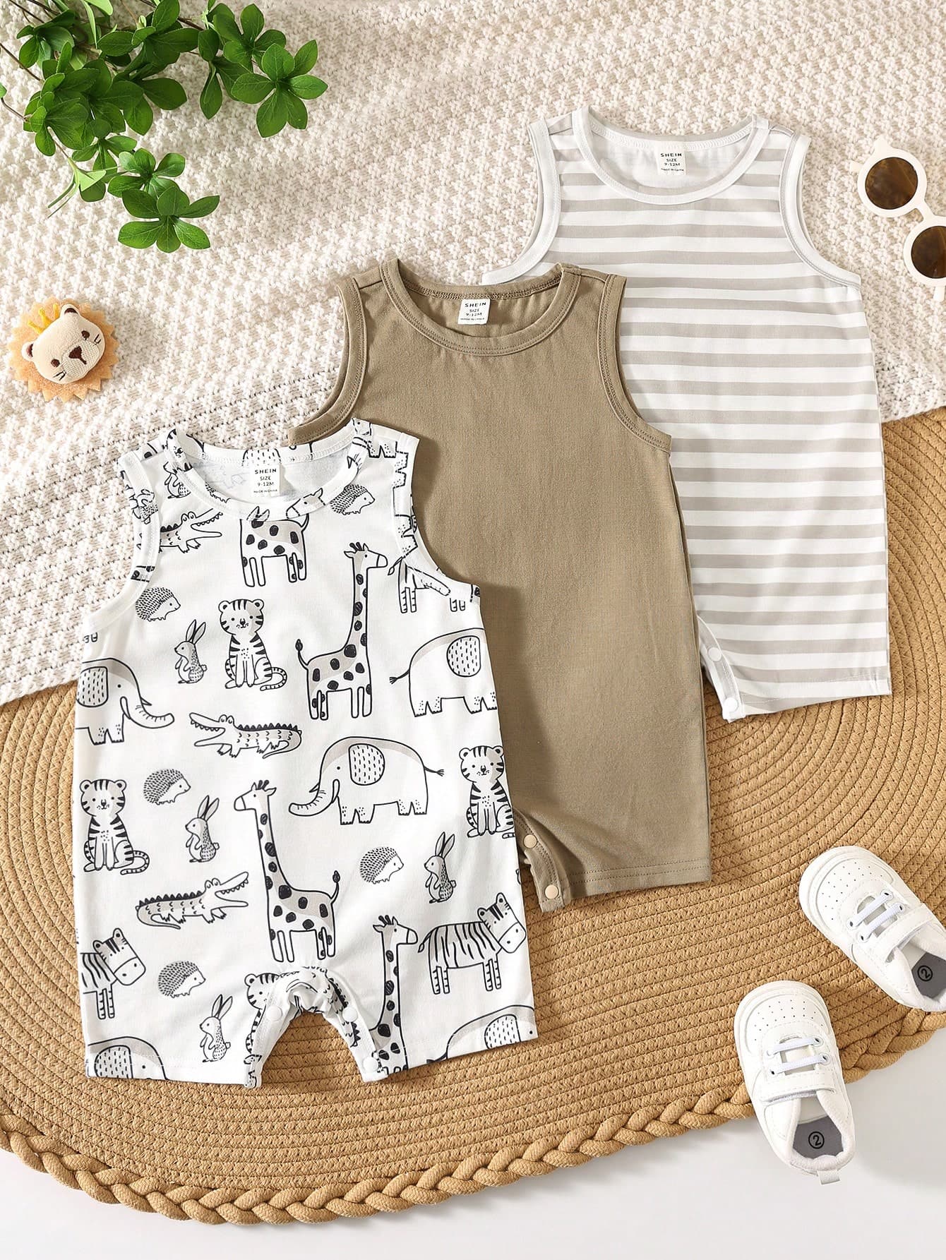 3pcs/Set Newborn Baby Boy Summer Cute Cartoon Striped Print Sleeveless Romper Set Neutral Baby Clothes Unisex Unisex Baby Clothes