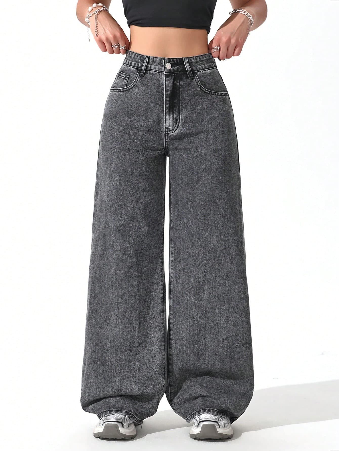 Casual Relaxed High-Waist Wide-Leg Wash Denim Jeans