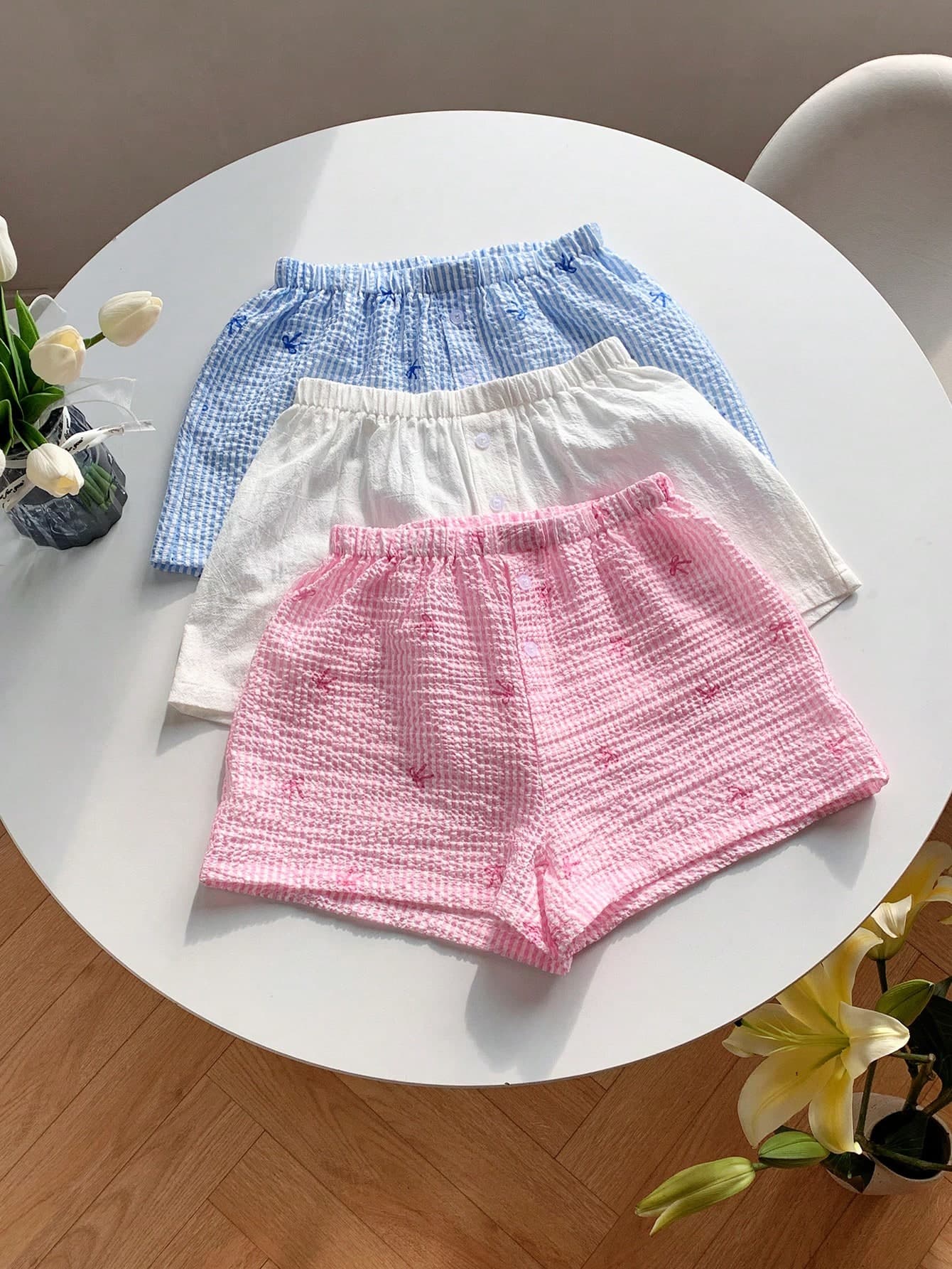 Comfortcana White And Pink,Summer,Cute,Lounge 3-Piece Set For Women,Elastic Waist Button Casual Loose Shorts,Pink & Blue Bow Cotton Linen Pants For Home Vacation