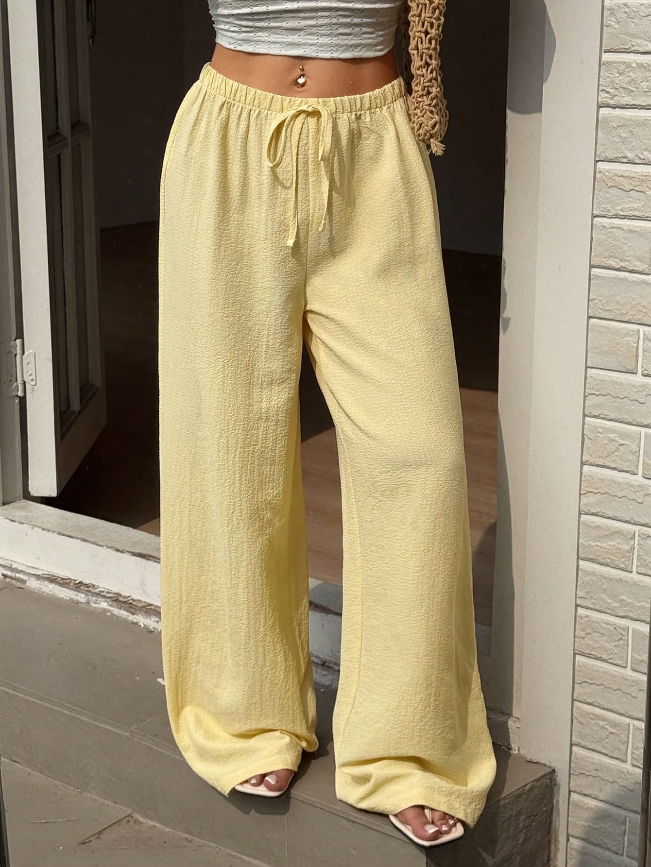 Sunnyshic Women's Casual Vacation Travel Tie-Up Straight Leg Trousers, Yellow, Versatile & Slimming, Woven Fabric, Spring/Summer Fall Cloth For Women