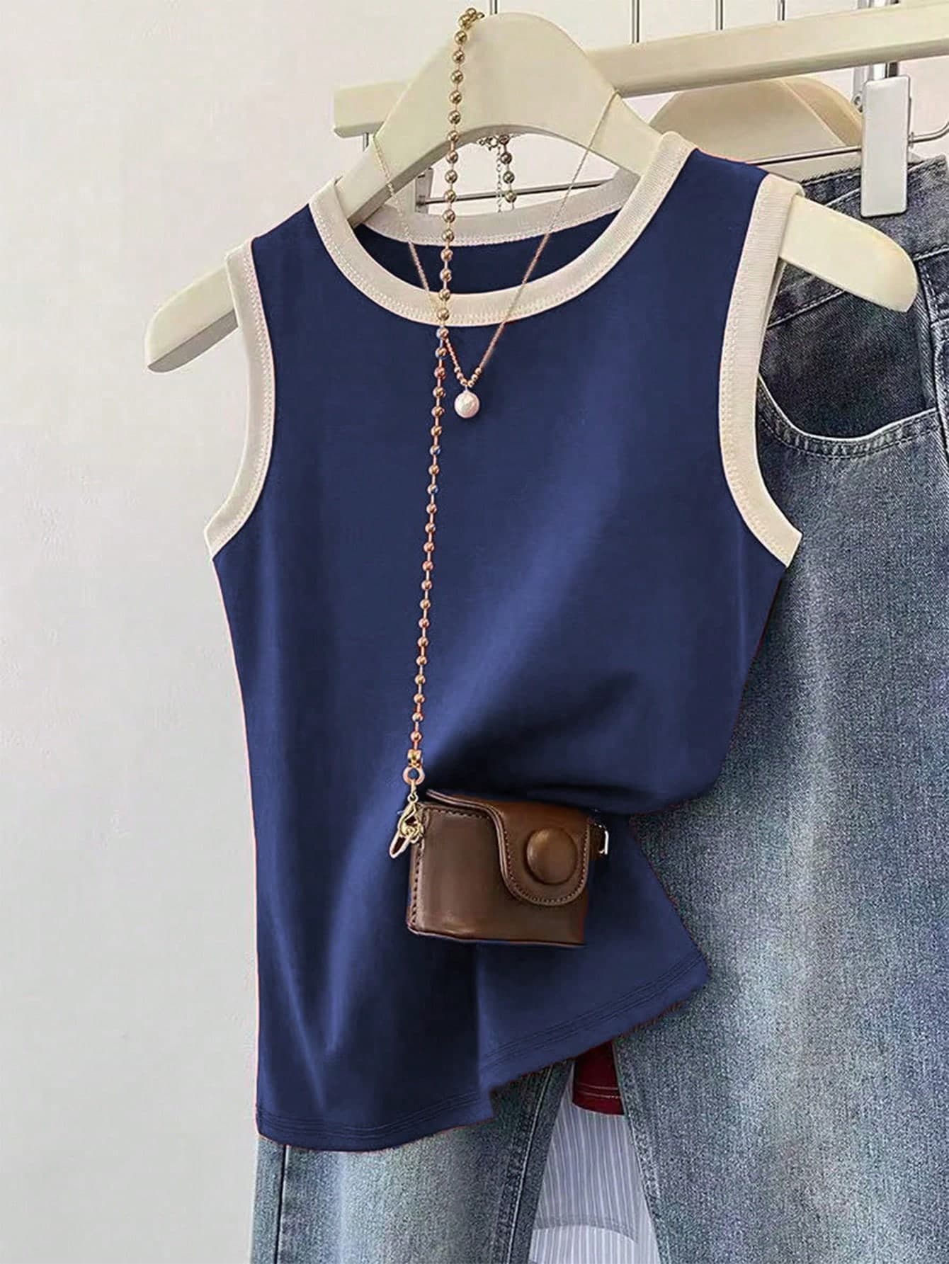 INAWLY Women Contrast Binding Trim Casual Sleeveless Tank Top