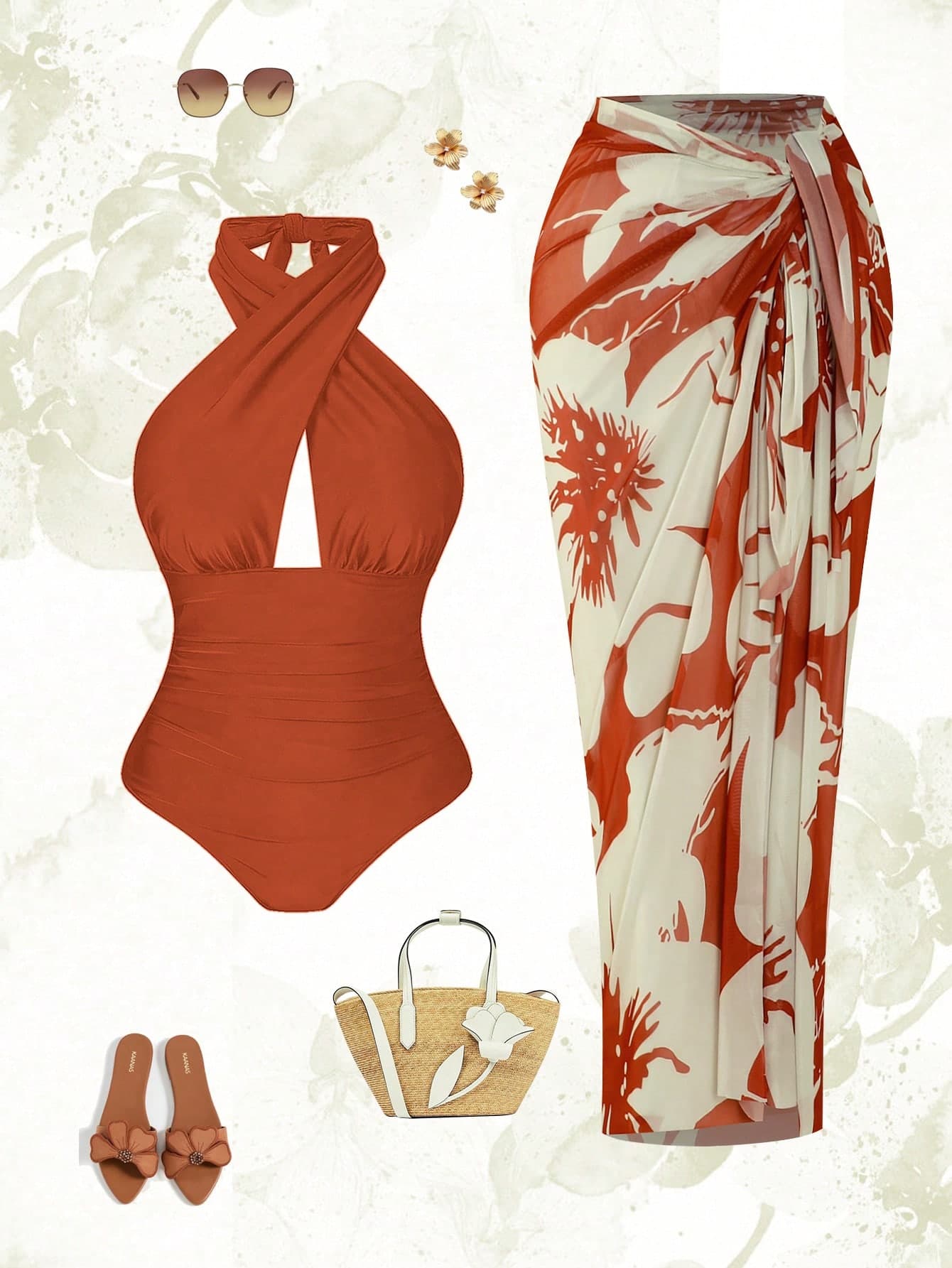 Swim Oasis Plus Size Women 2pcs Set Halter Backless Swimsuit With Random Print Beach Cover Up And Half Skirt,Vacation Casual Swimwear Rojos,Summer,Beach,Holiday