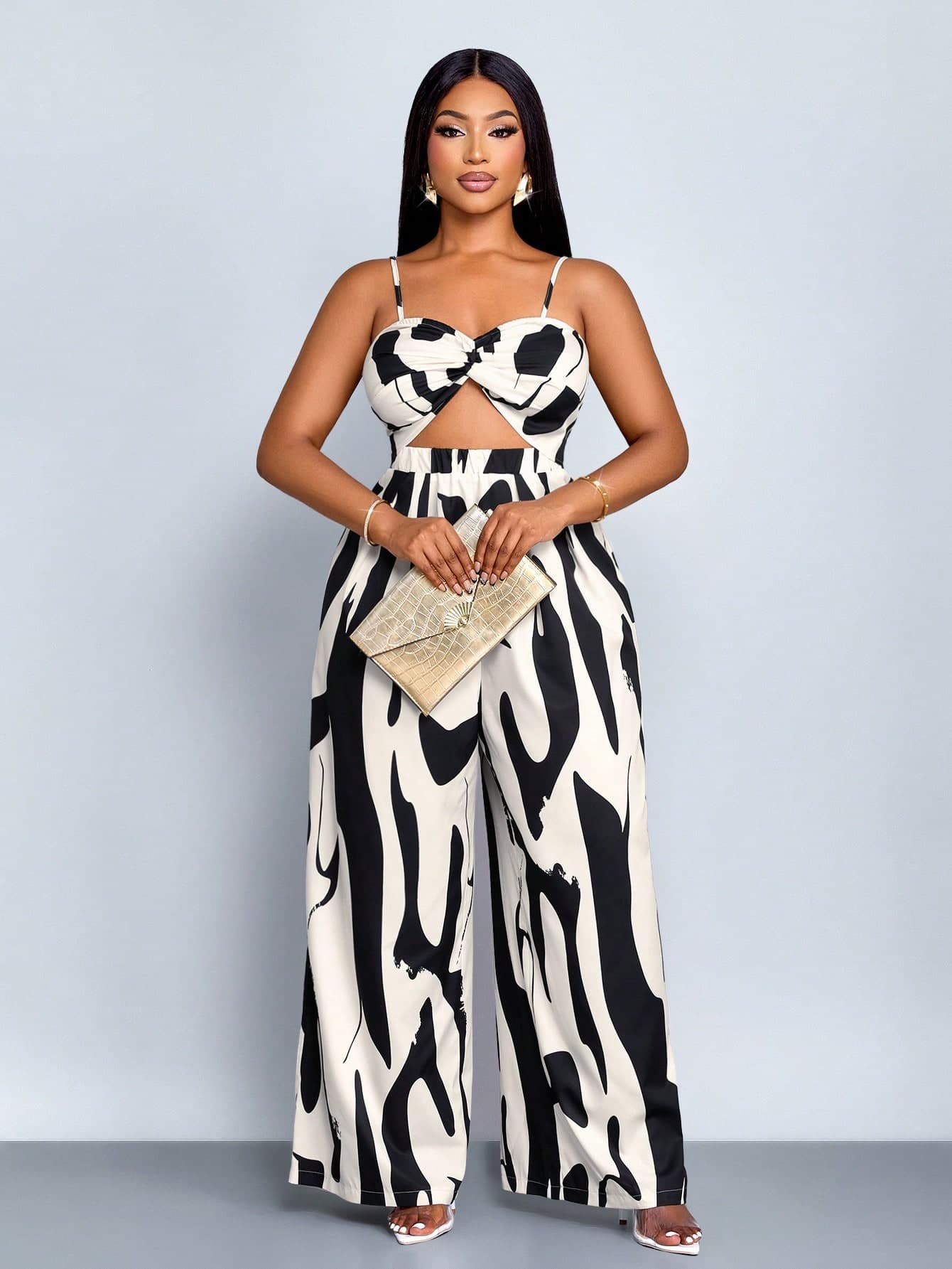 SOLERSUN Women's Plus Size Elegant Casual Sleeveless Black And White Printed Twisted Wide Leg Jumpsuit,Summer Spaghetti Strap Girlism Vacation Wear