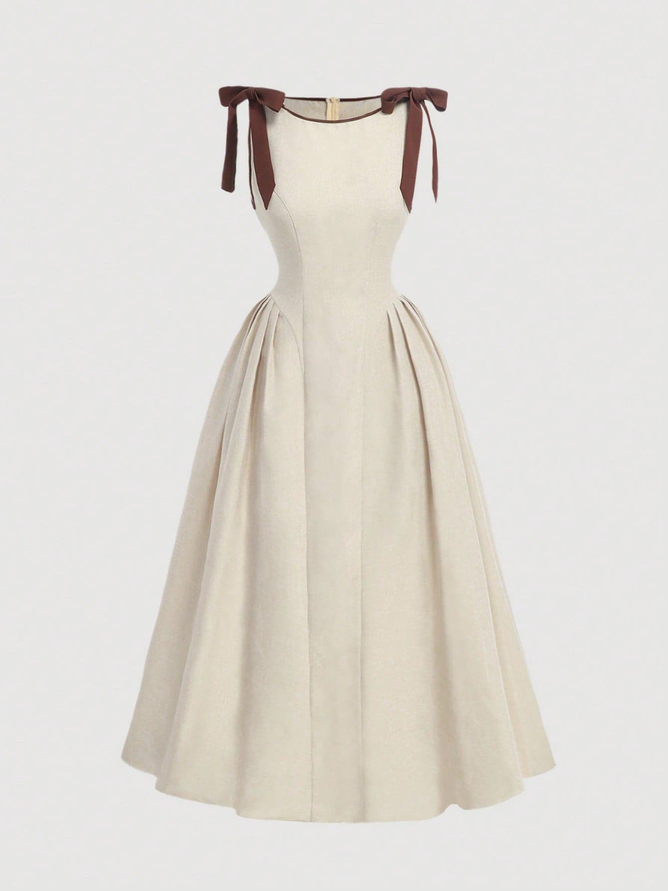 SHEIN MOD Crew Neck Sleeveless Contrast Trim Bow Decor Waist Flare Hem Khaki Casual Dress