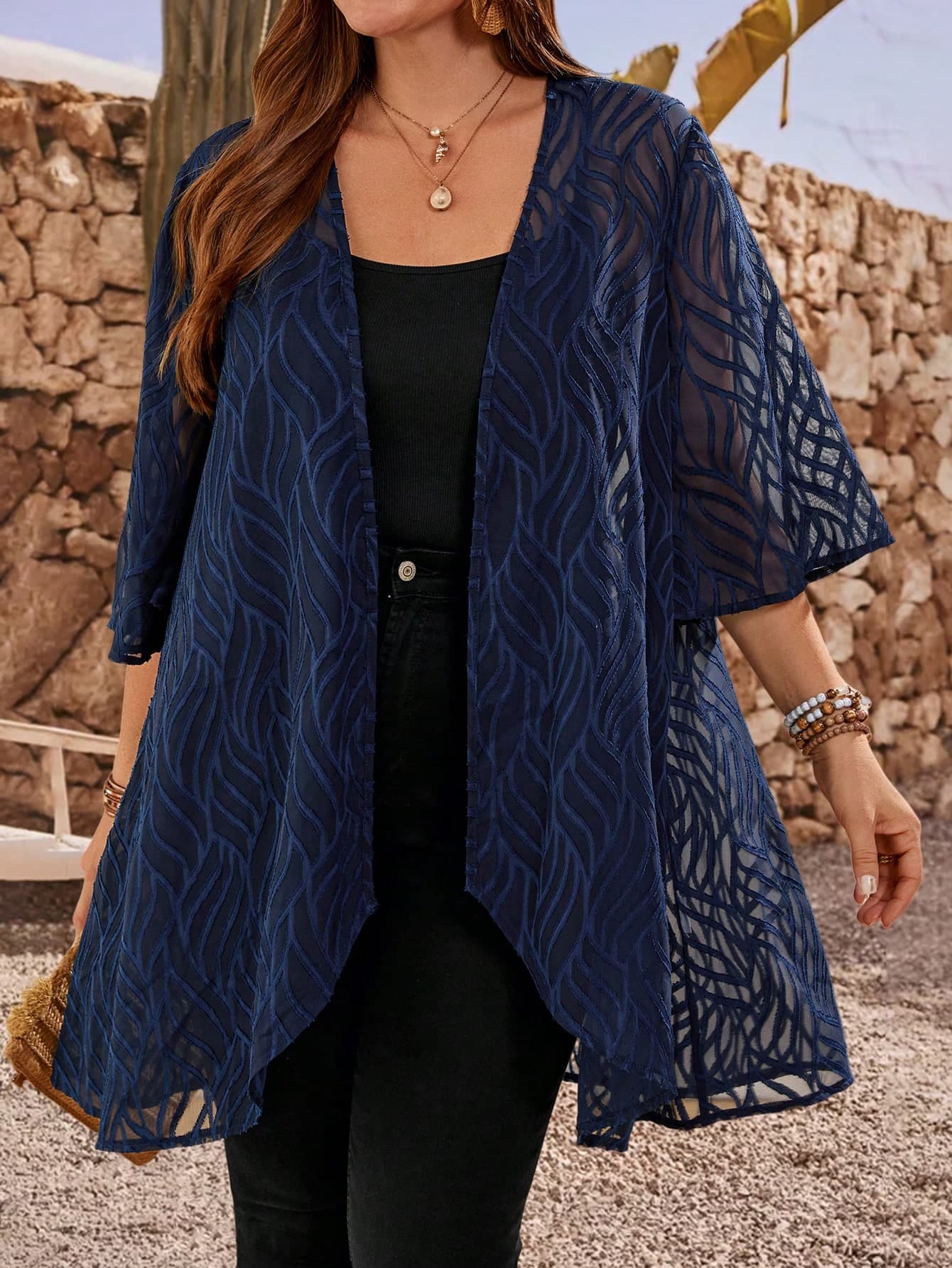 EMERY ROSE Plus Size Women's Summer Navy Blue Elegant Lightweight Coats,Wedding Guest,Holiday Casual Loose Fashionable Everyday Wear Gifts For Mother,Vacation