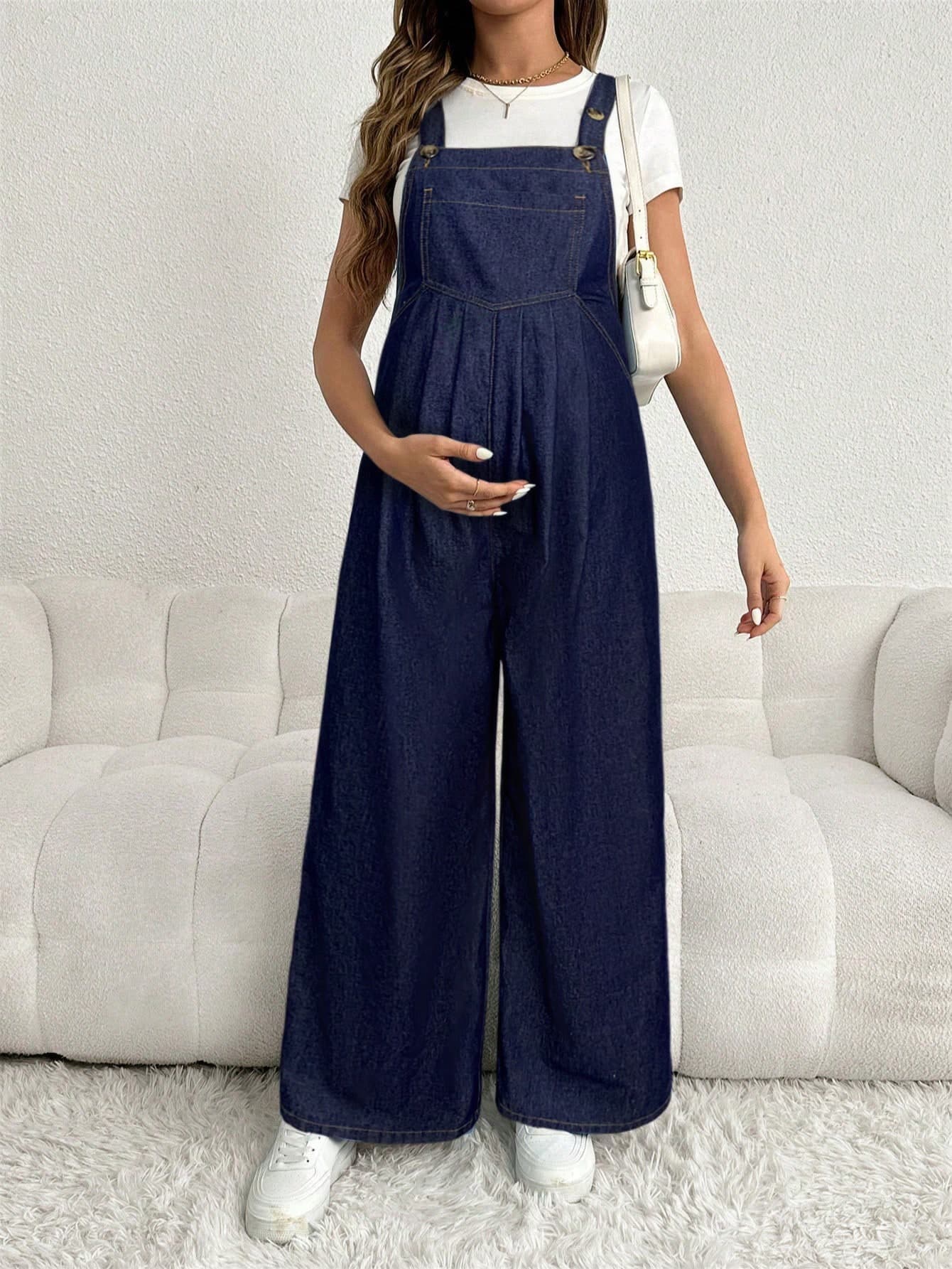 SHEIN Adjustable Strap Maternity Denim Overalls, Casual Loose Wide Leg Long Pants, Blue