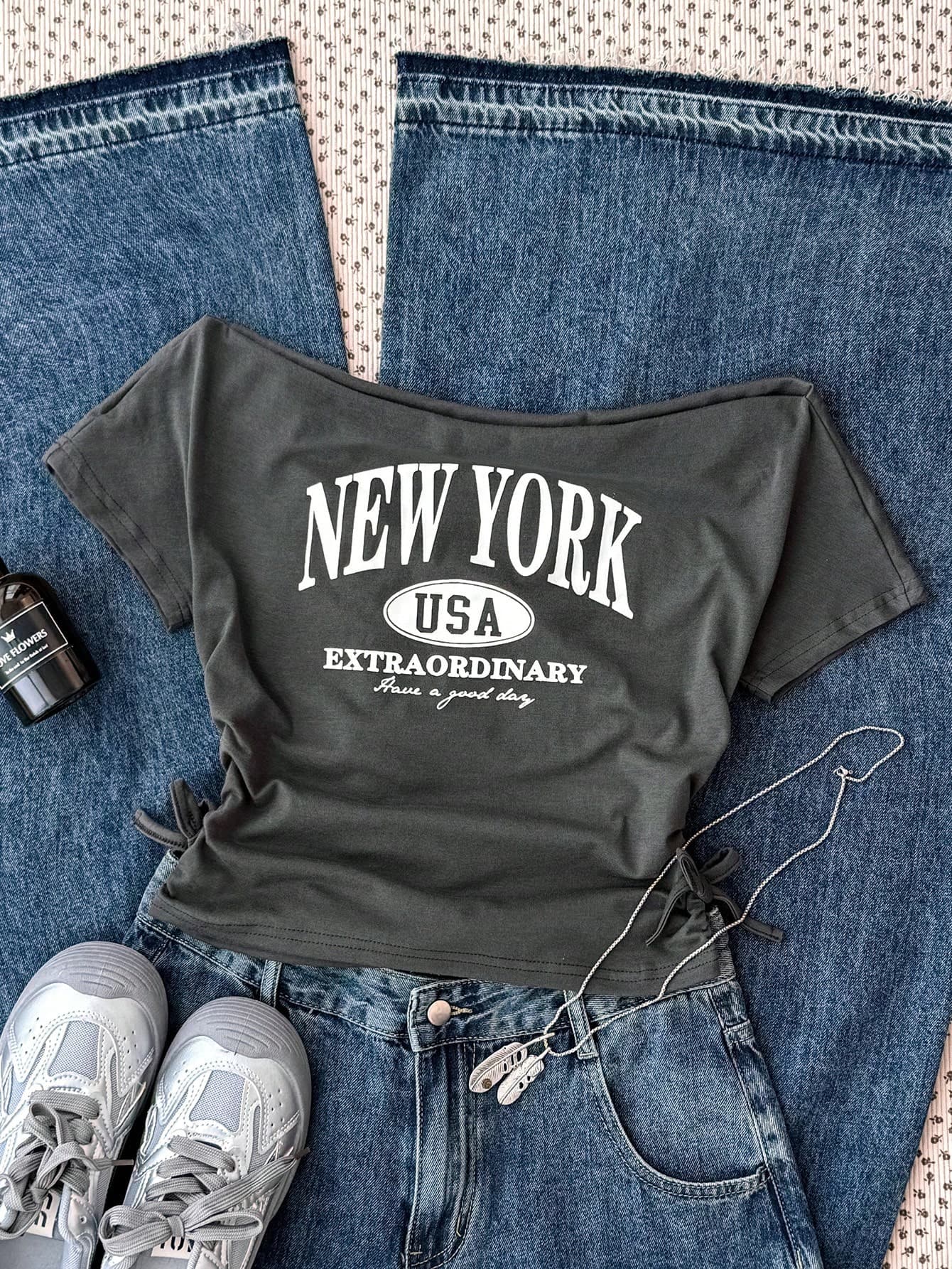 SHEIN Teen Girl Street Casual Versatile Sports Chic Summer Gray Cropped Shoulder Letter Graphic Tee, Back To School