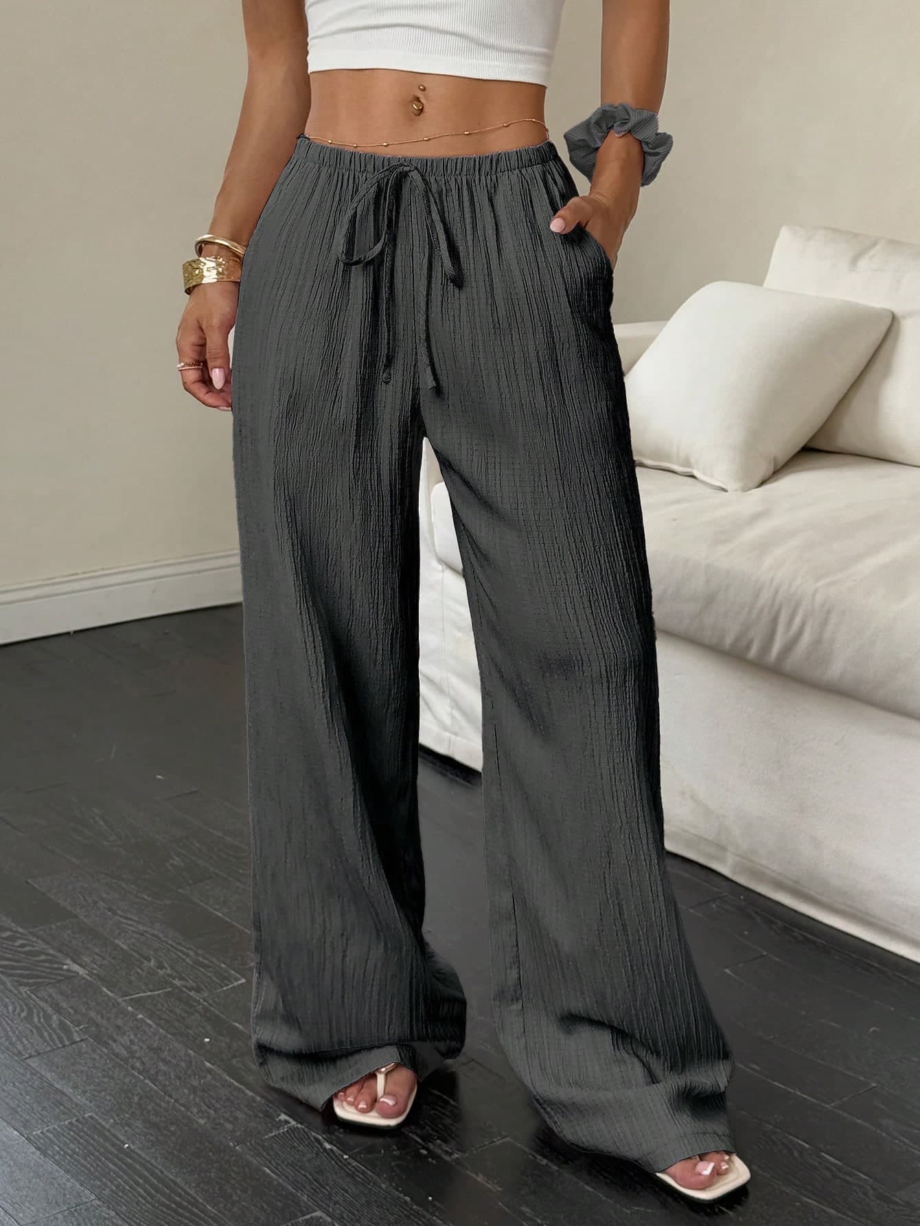 Flirla Women's Textured Fabric Low Waist Wide Leg Pants With Drawstring And Pockets, Casual Trousers Fall Cloth For Women