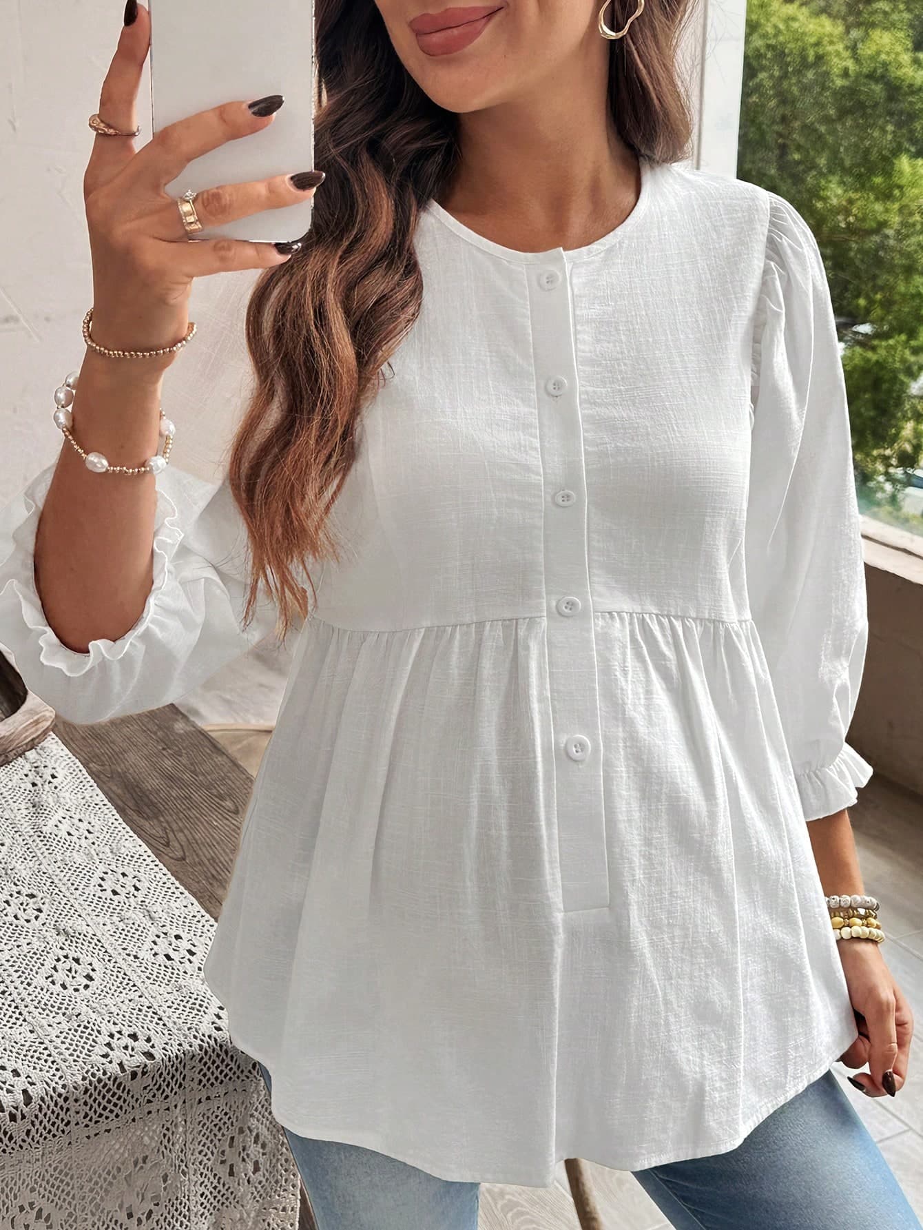 SHEIN Maternity Casual Solid Color Round Neck Long Sleeve Shirt Fall