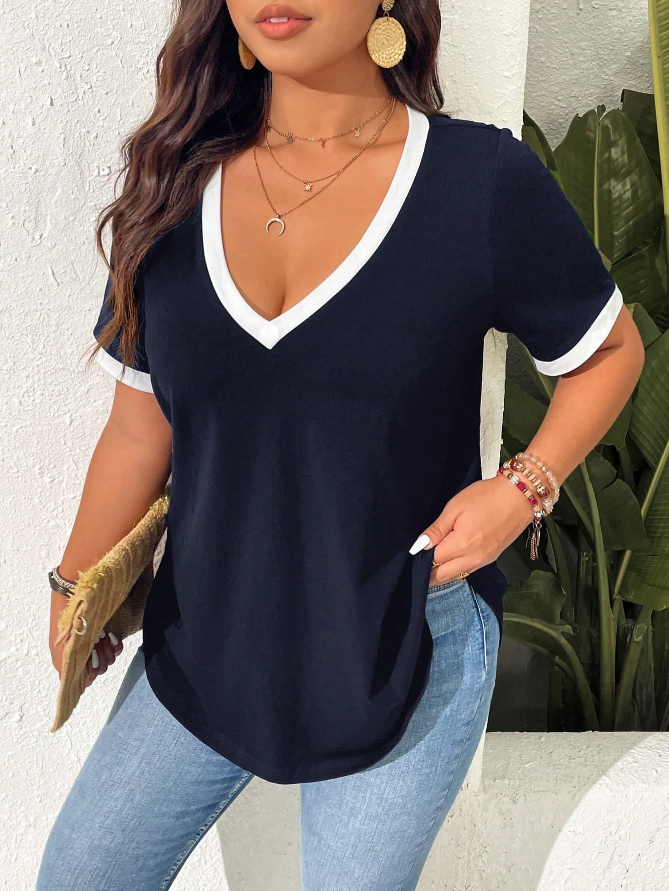 SHEIN Frenchy Plus Size Summer Casual Color Block Short Sleeve T-Shirt,Business Casual Woman