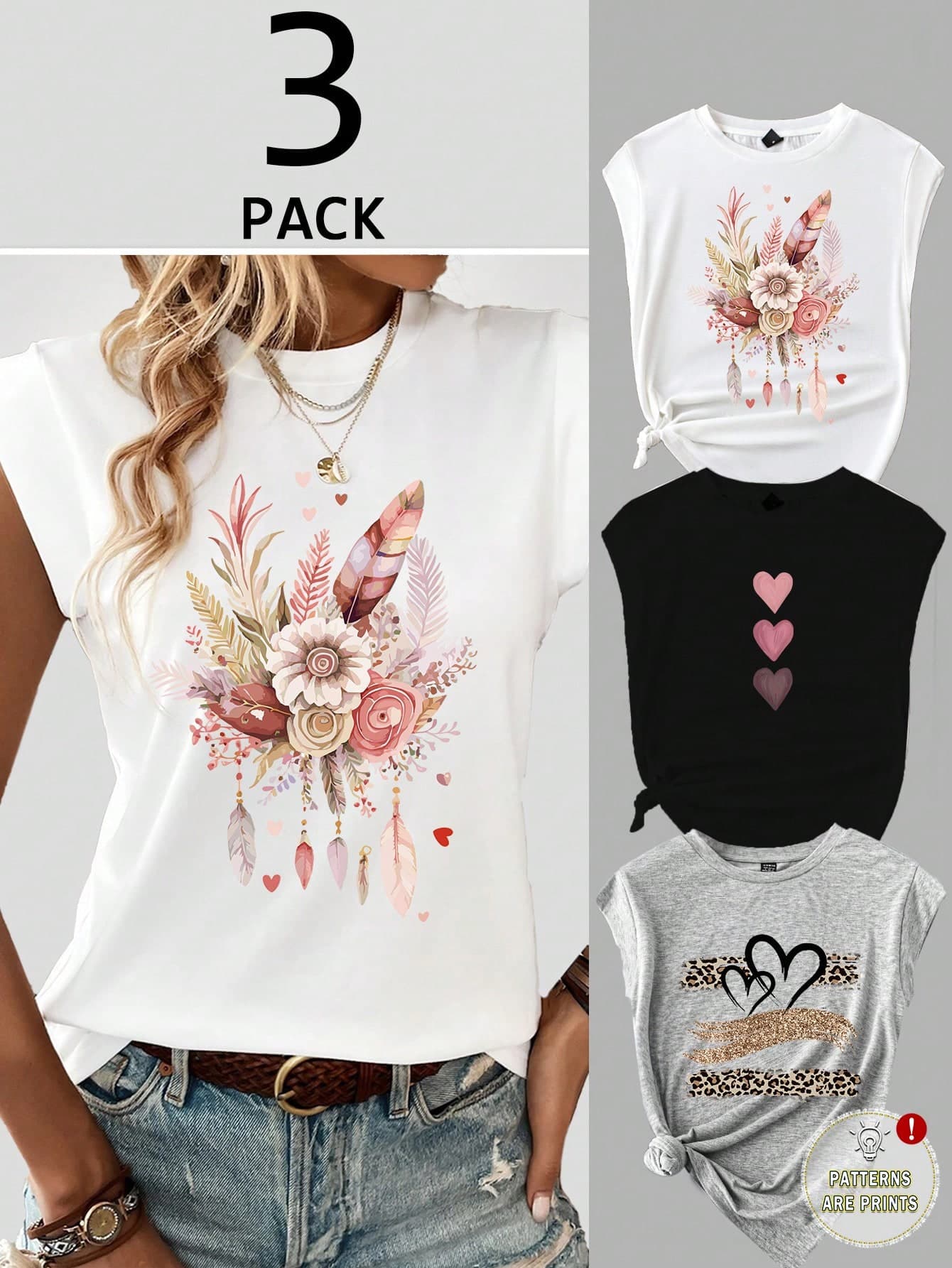 SHEIN LUNE Casual 3pcs/Set Floral Heart & Leopard Print Round Neck Fitted Women T-Shirt & Cap Set, Suitable For Summer Suitable For Going Out,Casual,Summer Top