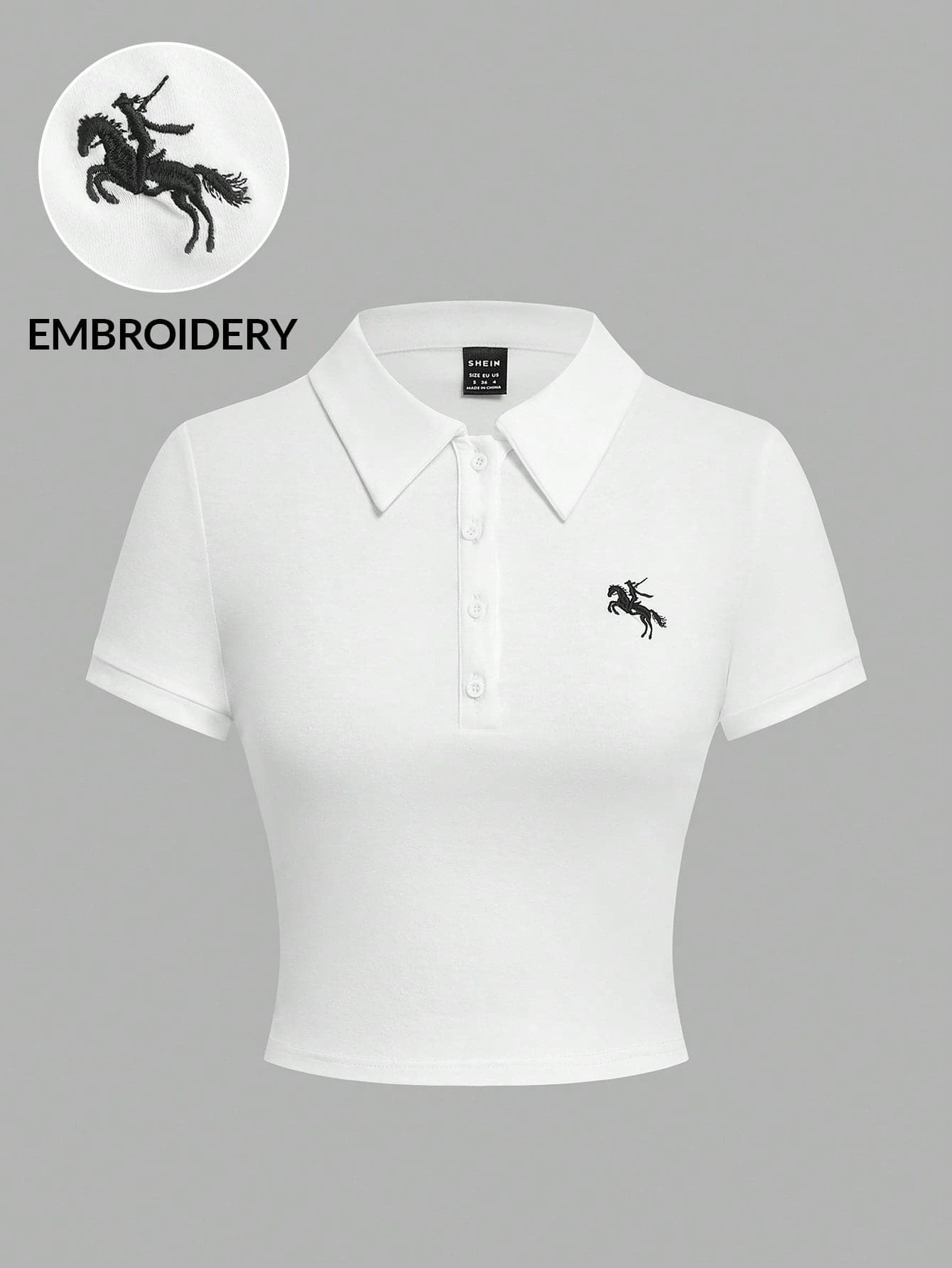 SHEIN EZwear Women's Casual White Polo Collar Embroidered Equestrian Short Sleeve T-Shirt