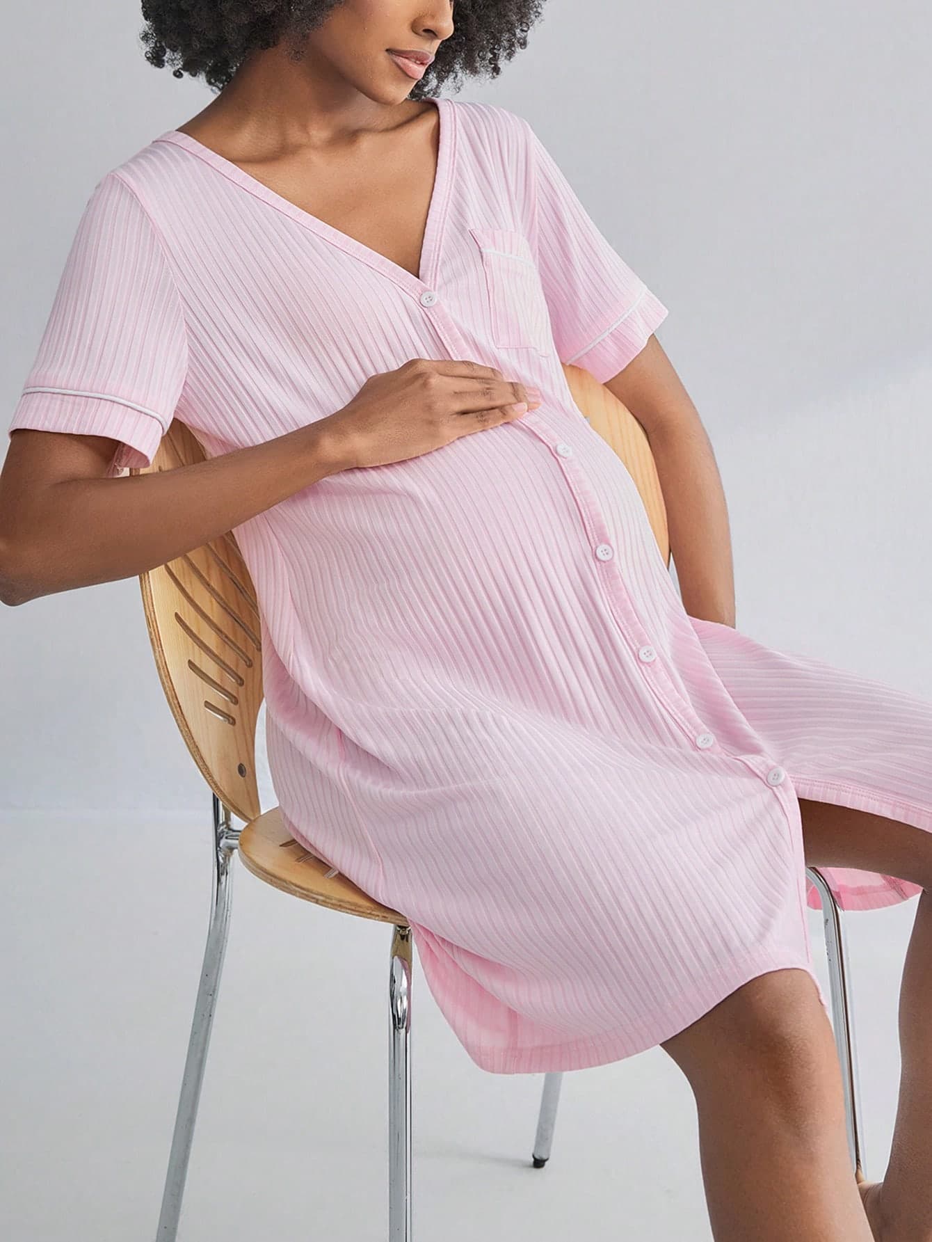 Moonlight&Mama Maternity Short Sleeve Ribbed Nursing Nightgown With Button,Fashion Loungewear Sleepwear Pajama Dress Sleep Shirt