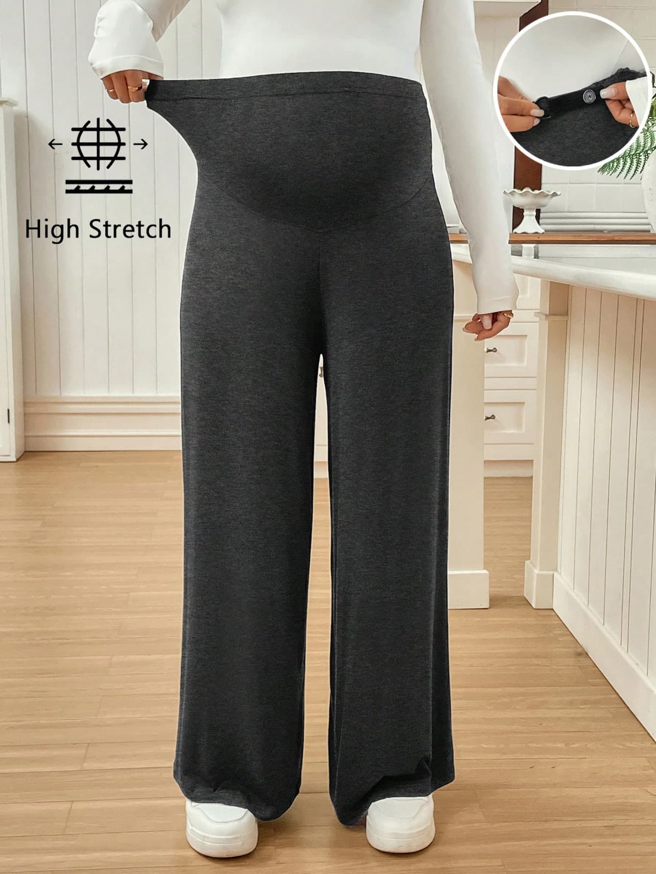 SHEIN Maternity Adjustable Waist Solid Color Wide Leg Pants World Cup Fall