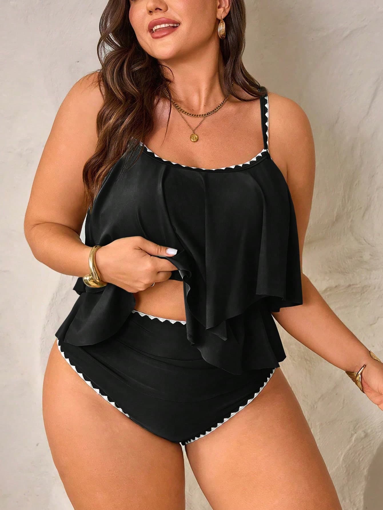 Swim Lushoire 2 Pieces Plus Size Women's Green Camisole Ruffle Trim Top And High Waist Ruffle Hem Pants Set, Summer Beach Vacation Outfit'