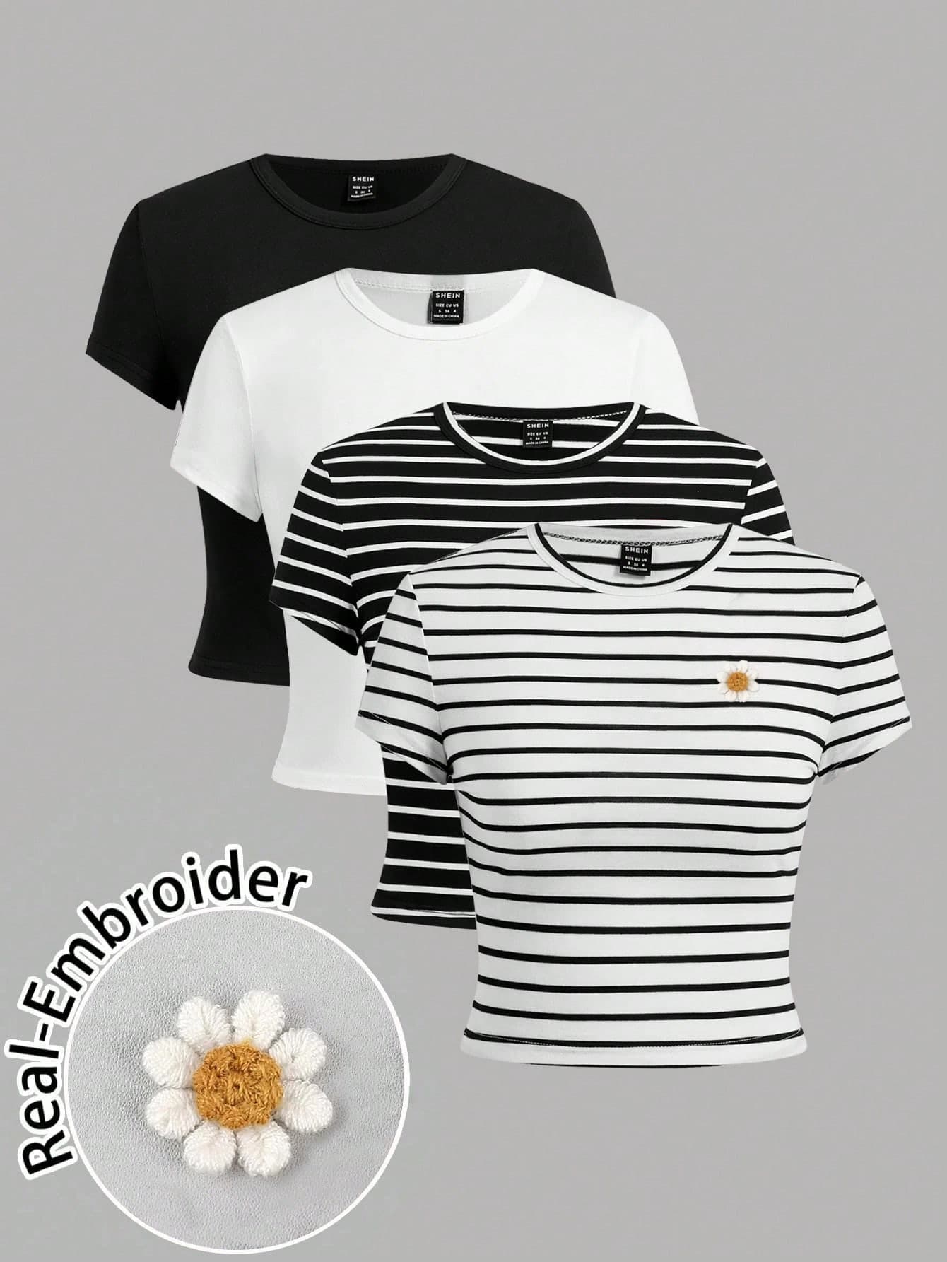 SHEIN EZwear 4pcs/Set Casual Minimalist Ditsy Floral Pattern Crew Neck Short Sleeve Fitted Crop Top T-Shirts For Women, Suitable For Summer Suitable For Going Out