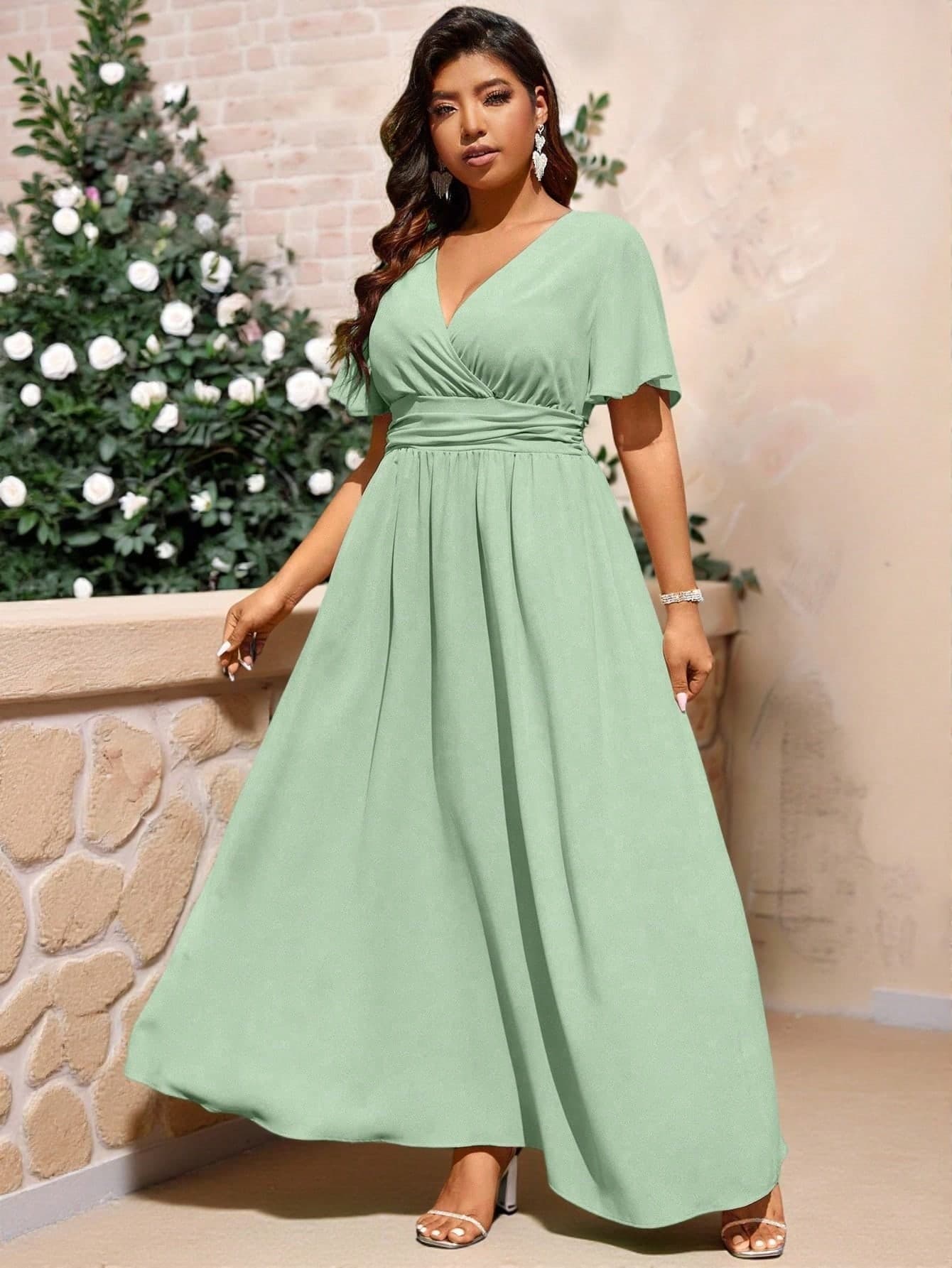 Cravure Plus Size Solid Color Waist Slimming Long Dress, For Christmas Maxi Women Outfit Wedding