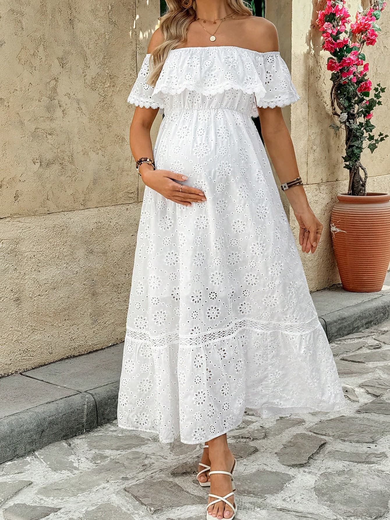 SHEIN Maternity Off Shoulder Hollow Out Embroidery Long Dress Ruffle Vacation Baby Shower Women's Summer White Woven Graduation