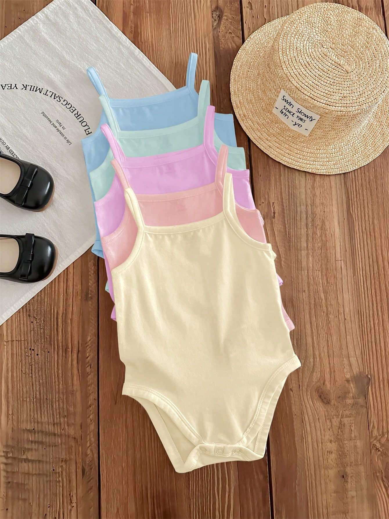 SHEIN LMoss Kids 5pcs/Set Neutral Baby Comfortable Soft Knit Solid Color Suspender Snap Crotch Bodysuit, Casual And Simple Design, Suitable For Summer