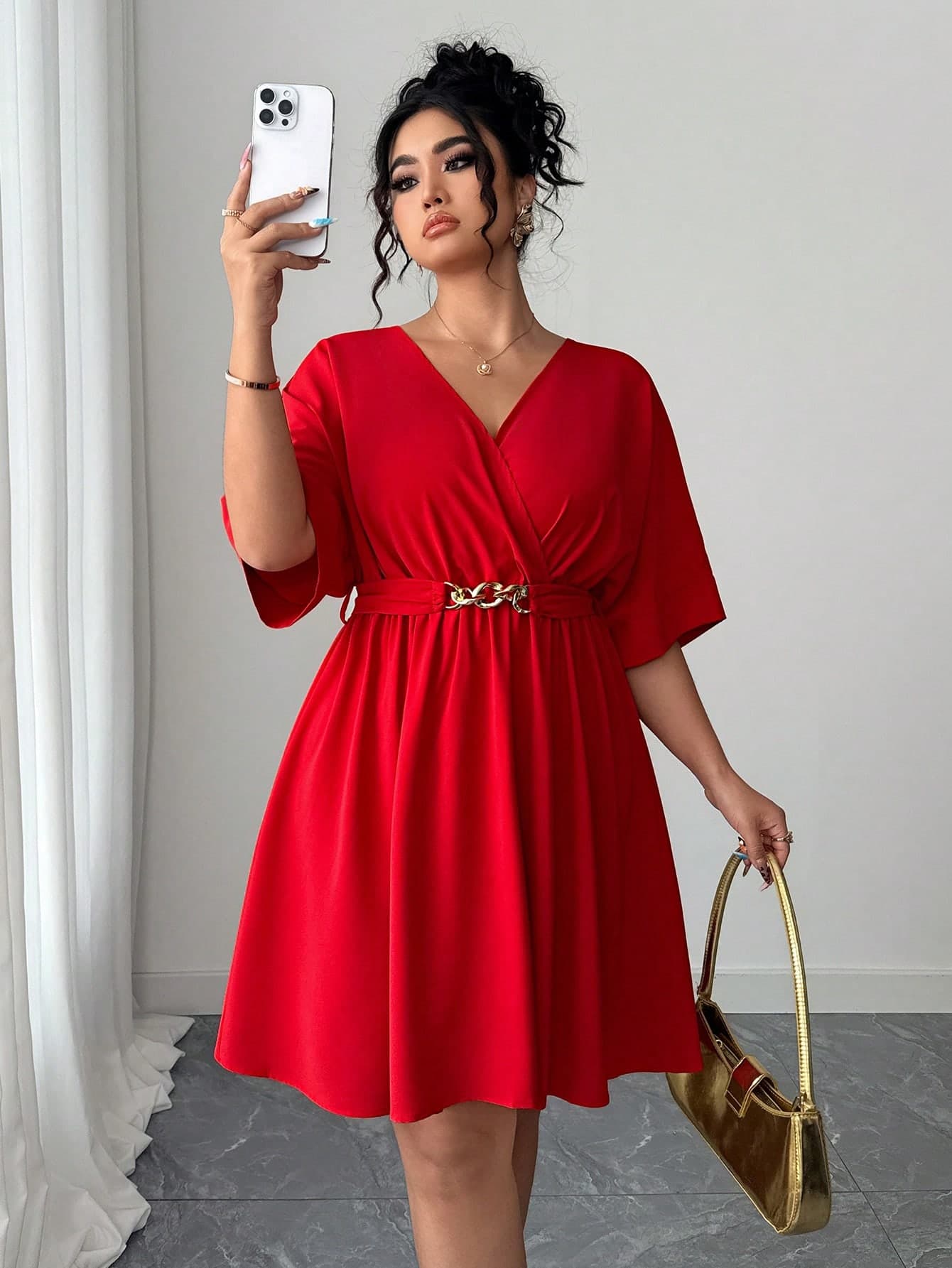 Elenzga Plus Size Women's Elegant Red Satin Dress,Autumn V-Neck Cinched Waist Party Gown,Casual Short Summer Birthday Clothes For Women,Sun Dress