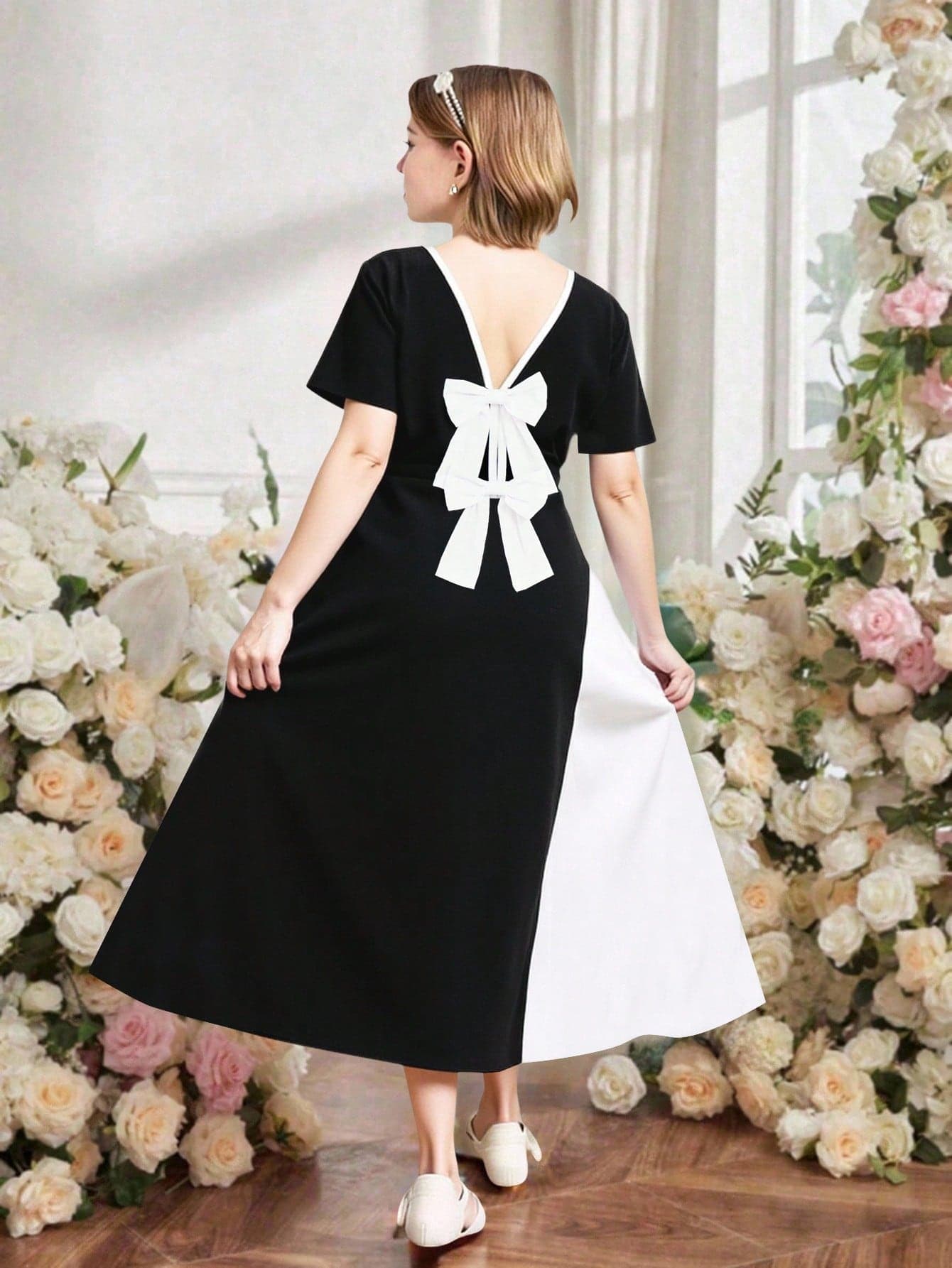 SHEIN Tween Girls' Black & White Basic Casual Bowknot Color Block Office Dress, Suitable For School & Outing