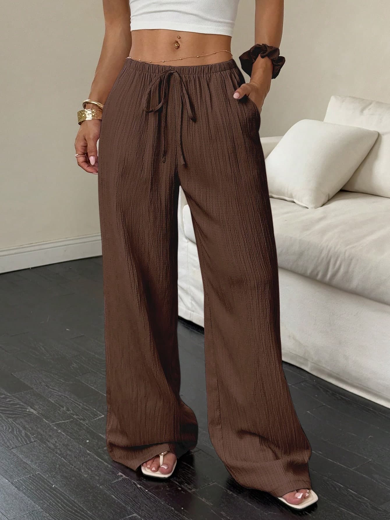 Flirla Women's Solid Color Elastic Waist Draw Cord Summer Casual Pants With Pockets Fall Cloth For Women