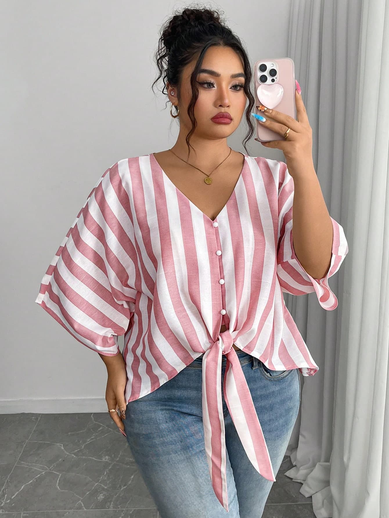 Elenzga Pink Plus Size V-Neck Raglan Sleeve Loose Casual Striped Shirt,Summer Smart Casual Everyday Women Clothes,Vacation Formal Style Summer Shirts