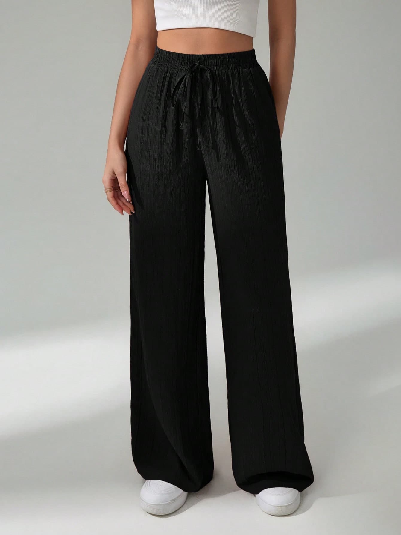 SHEIN Tall Women's Solid Color Belted Wide Leg Loose Casual Long Pants,Cargo Pants, Tall Women