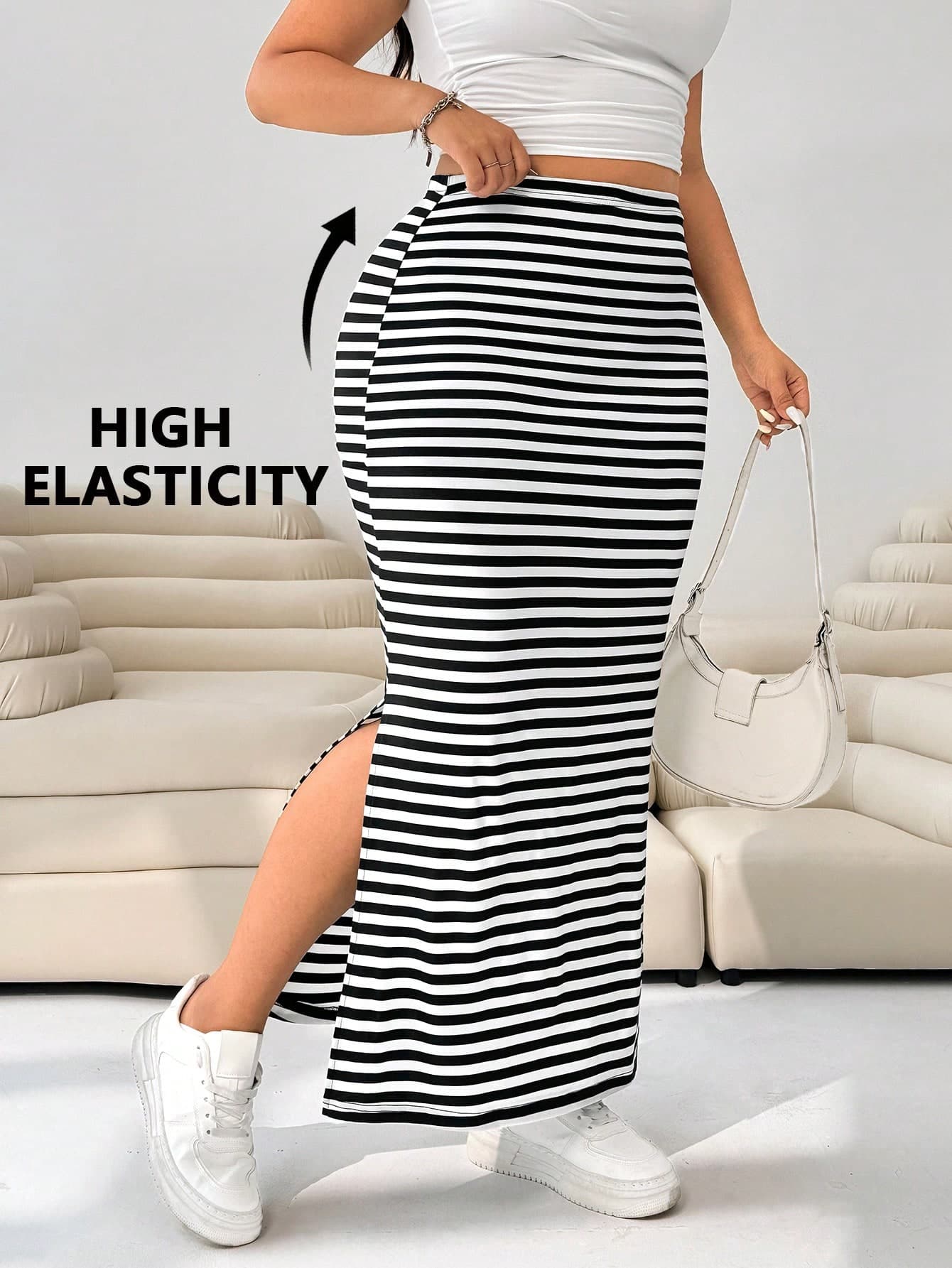 Solflare Plus Size Women Black & White Striped Split Hem Skirt Valentine's Day