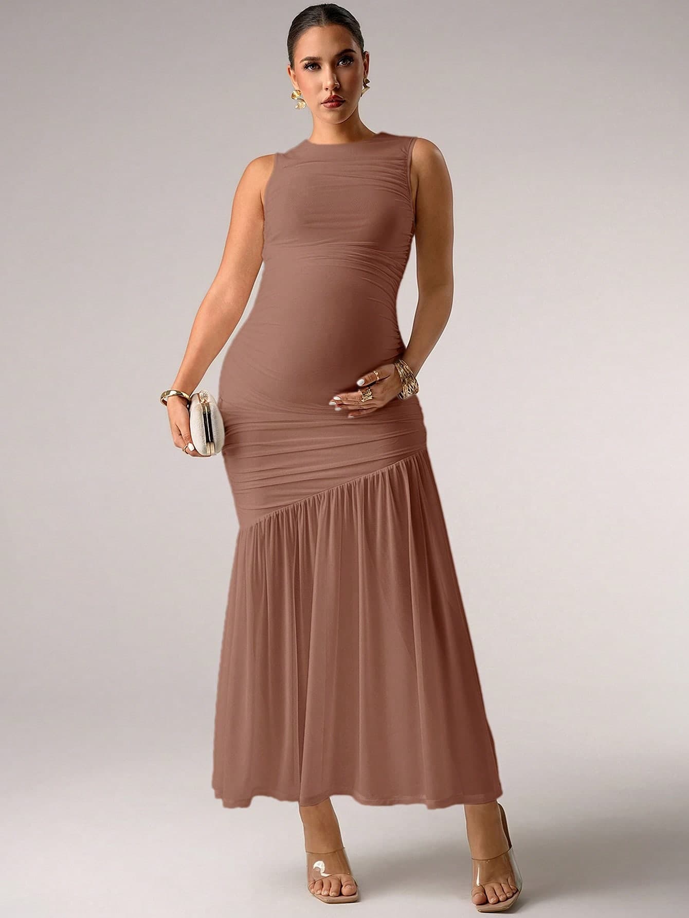 MaterniChic Pregnant Women Solid Crew Neck Pleated Fitted Sleeveless Dress Fall
