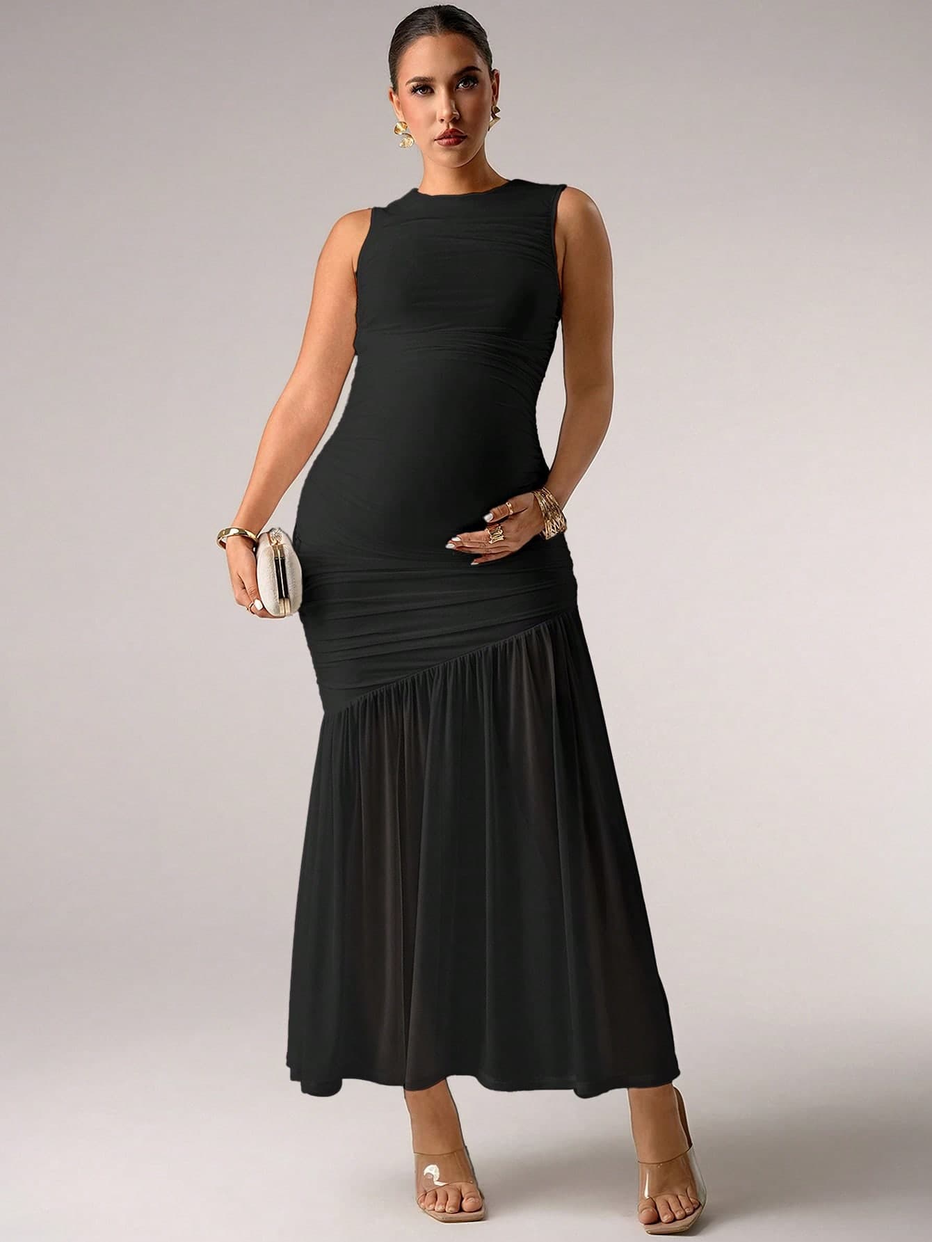 MaterniChic Maternity Solid Color Round Neck Sleeveless Fitted Patchwork Dress Fall