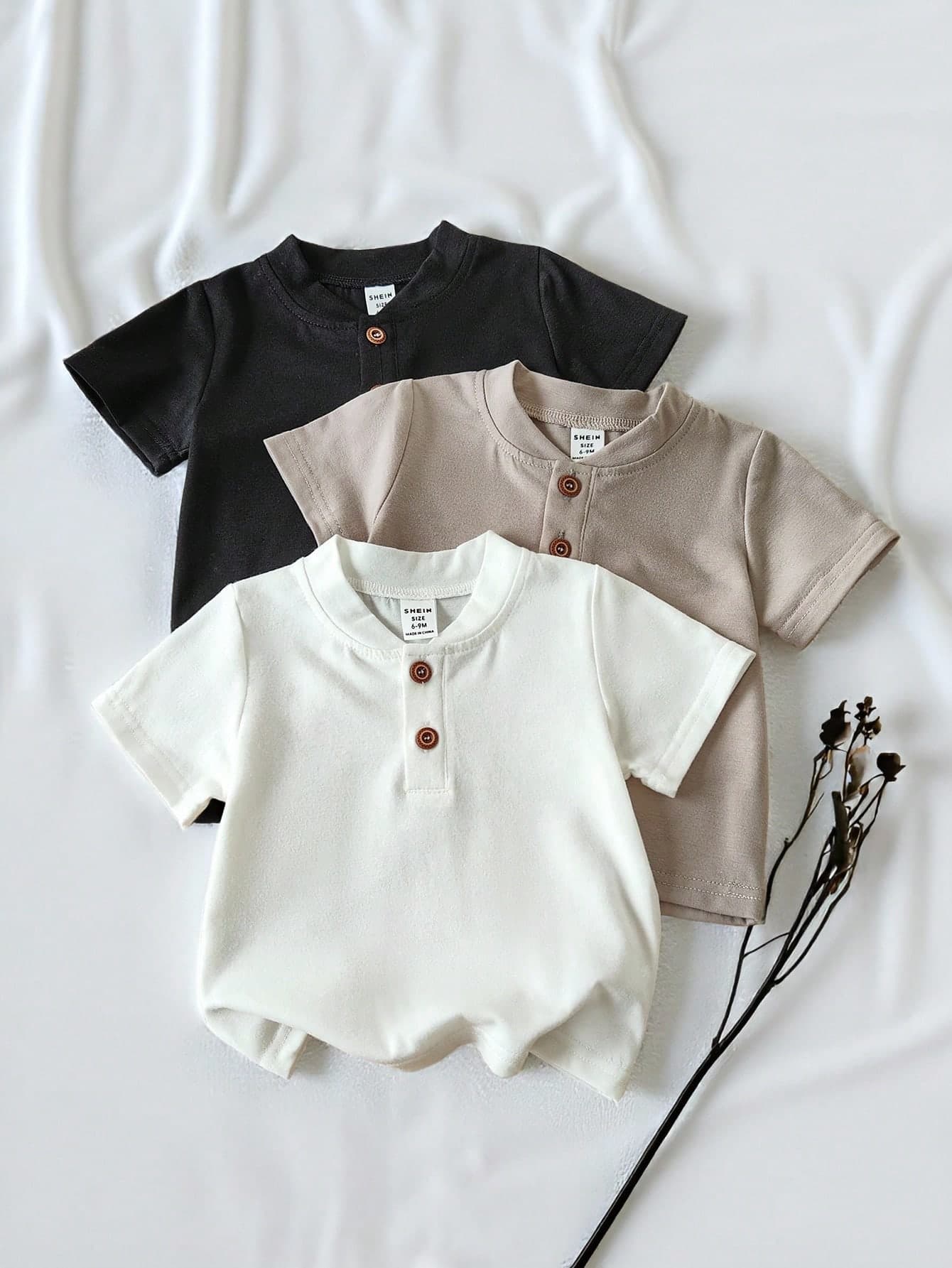 SHEIN Vintaside Kids 3pcs Baby Boy Solid Color Simple Short Sleeve T-Shirts Black White Charcoal Gray Unisex Baby Clothes Off-White Summer Casual Vacation Fashion Clothes