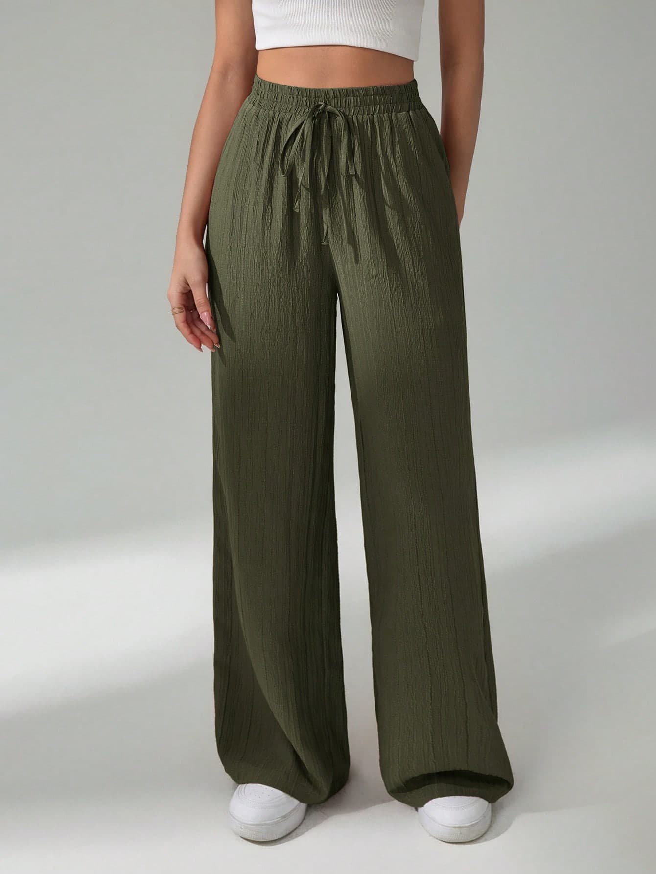 SHEIN Tall Women's Solid Color Belted Wide Leg Loose Casual Pants,Cargo Pants, Tall Women