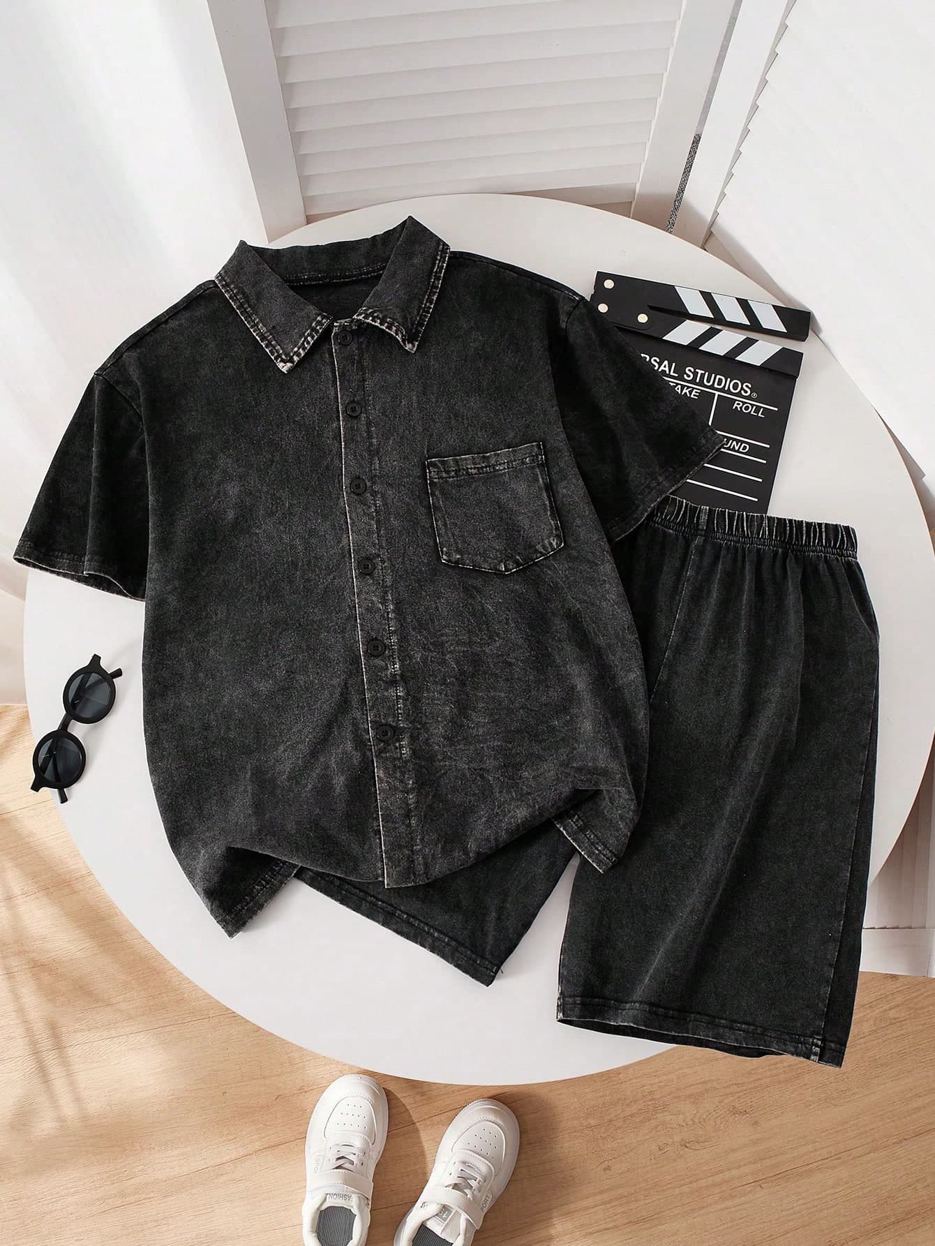 SHEIN Mirajuku Teenager & Young Men Vintage Washed Button Down Shirt And Shorts Set,Black,Summer,Street Life Casual Graphic Street Fashion,Loose Campus Outfit