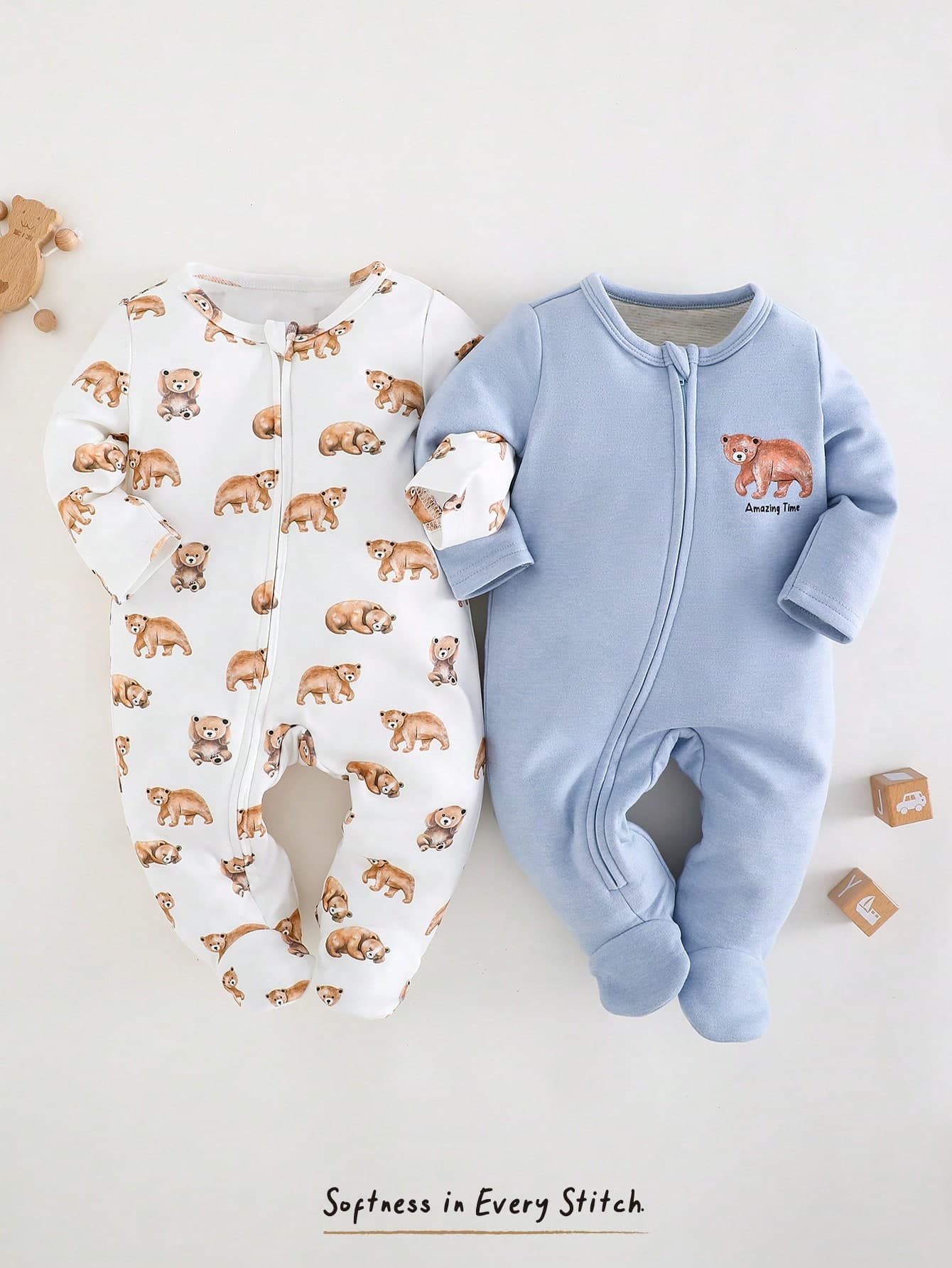Cozy Pixies 2pcs Newborn Baby Boy Knitted Cartoon Bear Pattern Soft Round Neck Long Sleeve Jumpsuit Set Graphic,Kids