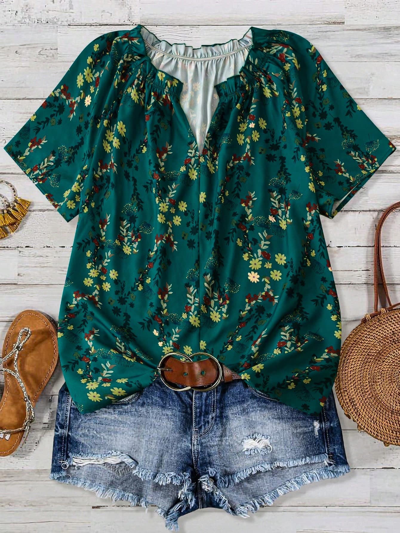 Linhara Plus Size Women Summer Floral Print V-Neck Raglan Short Sleeve Casual Shirt