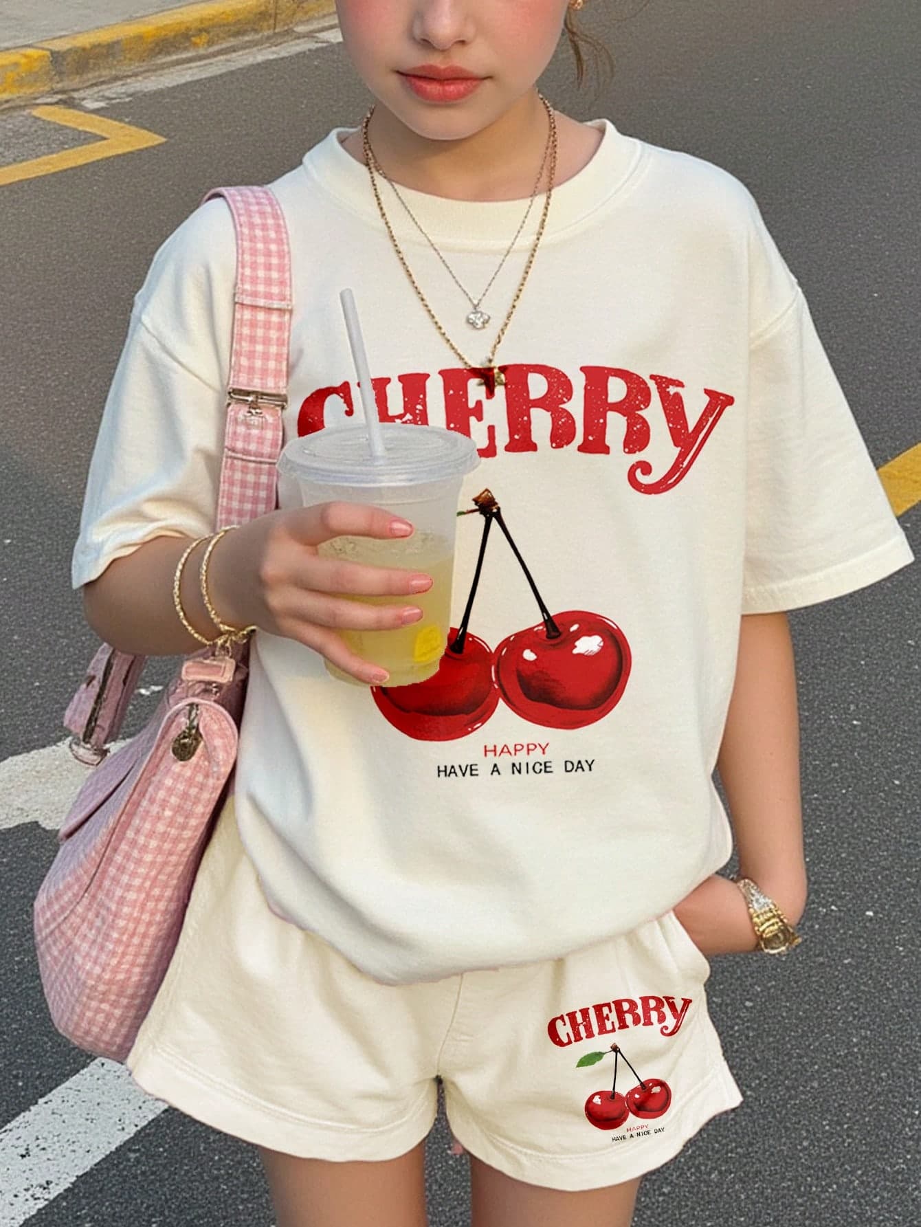 SHEIN Leap Crew Teen Girl Vintage Cherry Pattern Round Neck Short Sleeve T-Shirt & Loose Shorts 2 Piece Set,Cream White Y2k Summer Holiday Back-To-School Graphic Tee