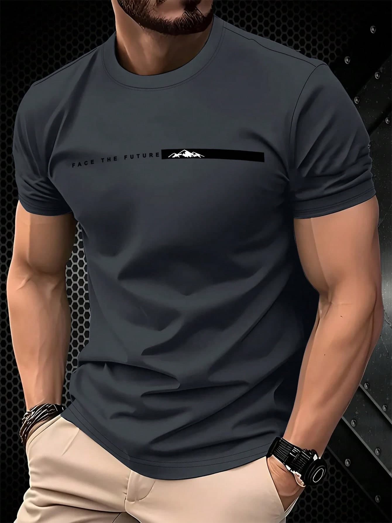 Manfinity Homme Men's Slim Fit Letter Print Round Neck Short Sleeve T-Shirt, Summer Men T Shirts Casual