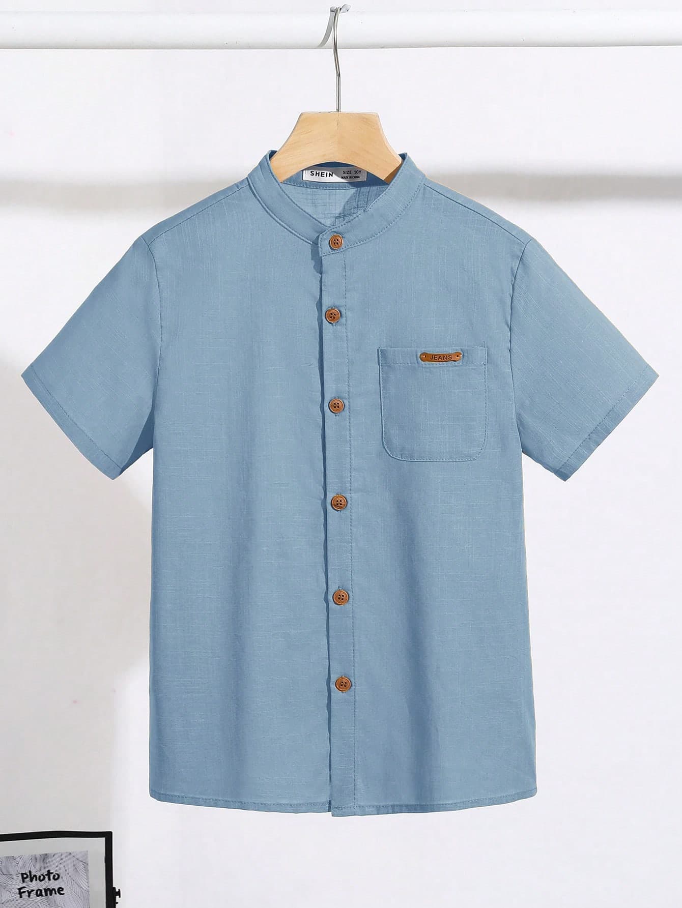SHEIN Tween Boy Casual Loose Comfortable Blue Short Sleeve Button Down Shirt