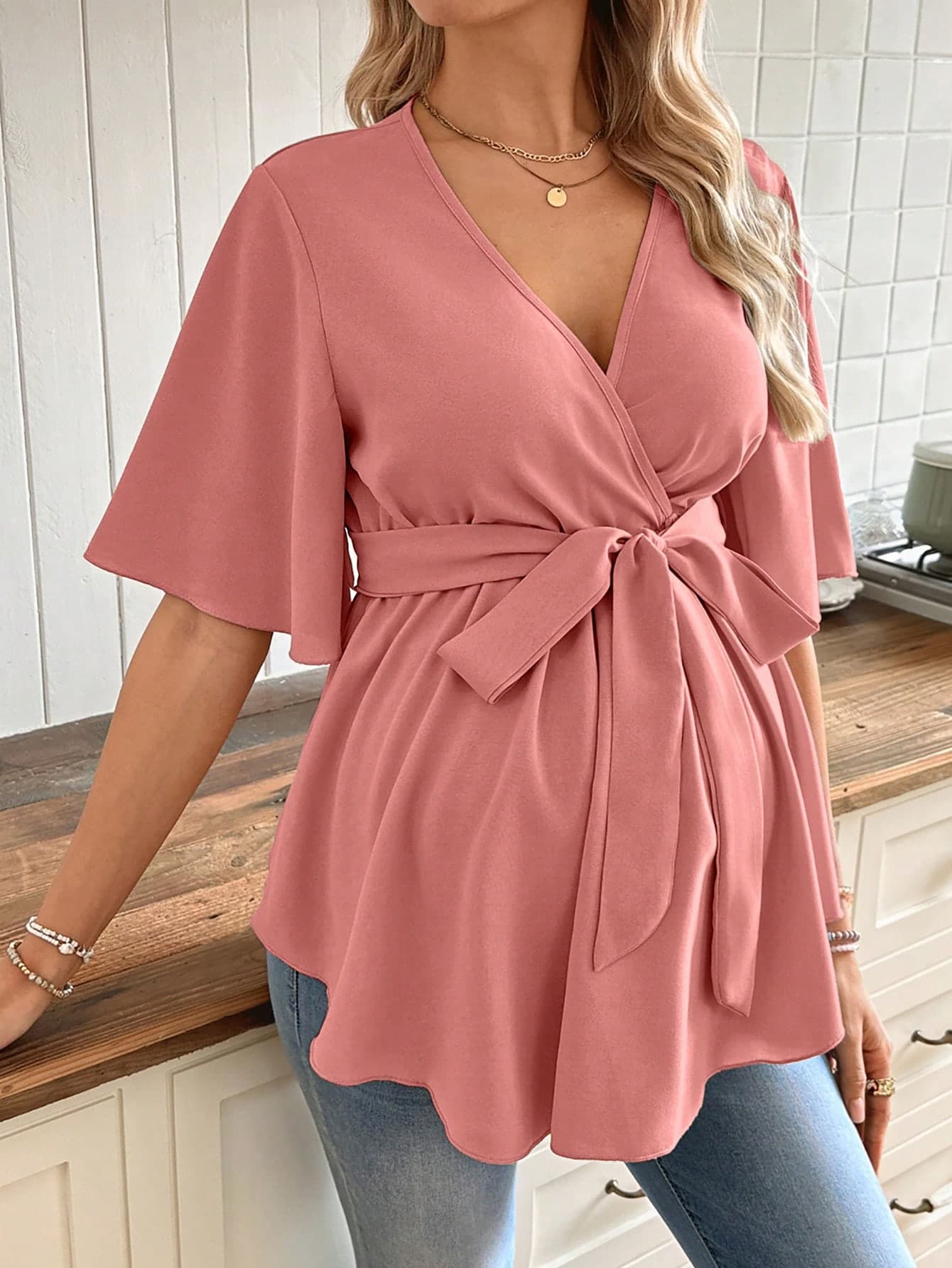 SHEIN V-Neck Blouse With Ruffle Hem And Belt For Maternity