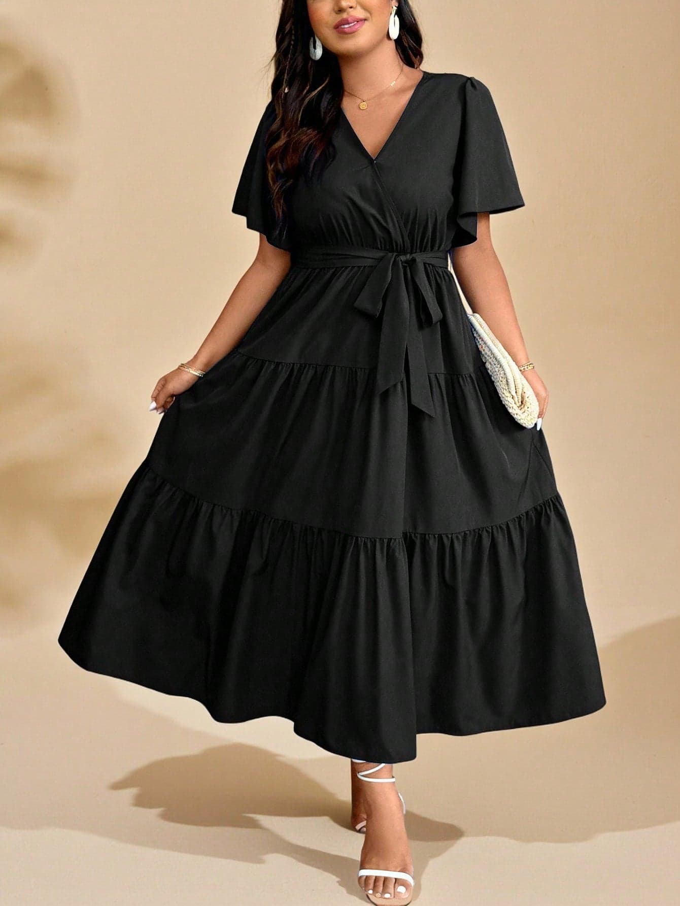 Sunserae Pure Women's Plus Size Flowy Sleeve Ruffle Hem Midi Dress Maxi Women Outfit