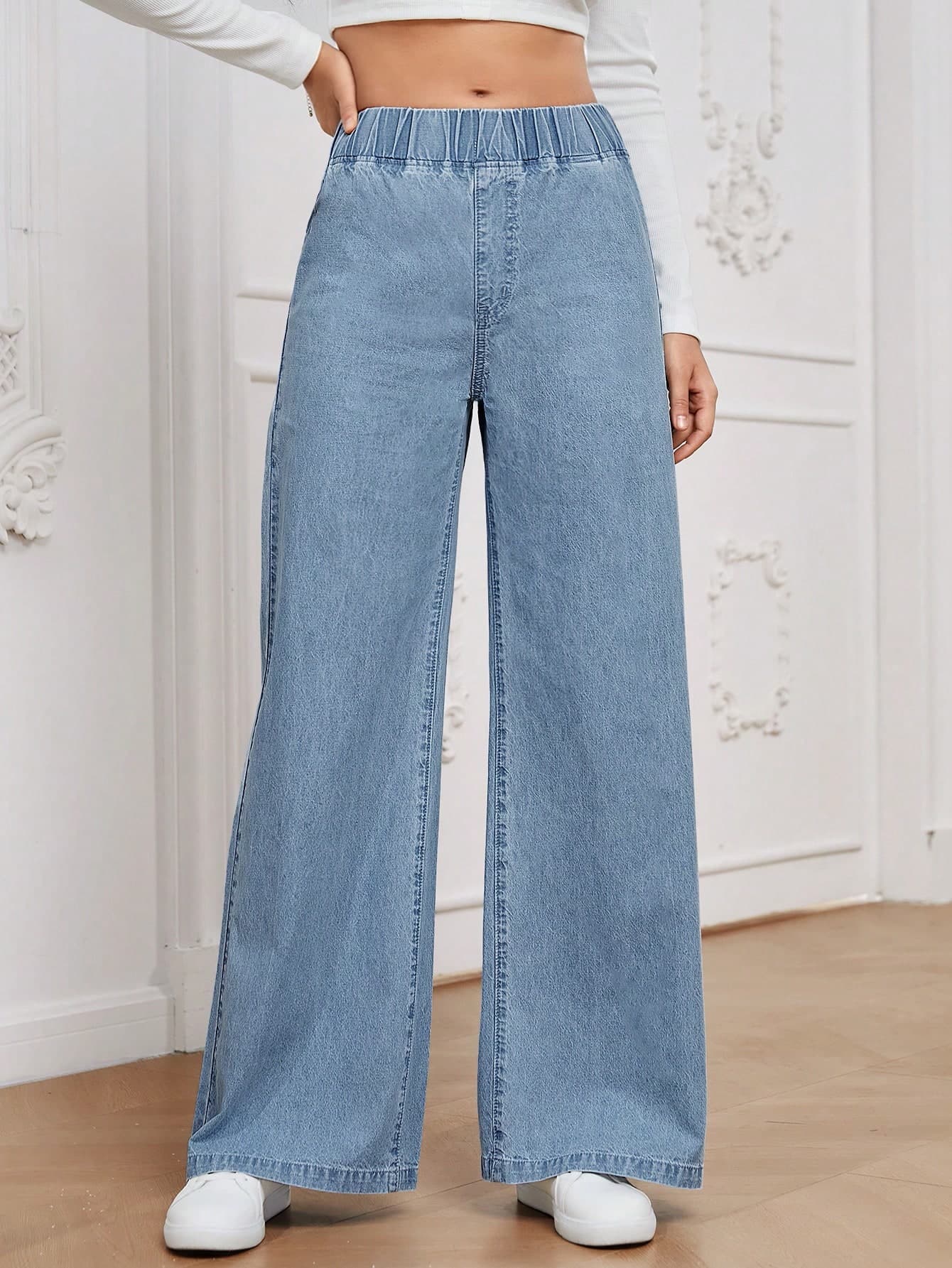 EMERY ROSE Women's Casual All-Match Black High Waisted Wide Leg Loose Woven Jeans, Versatile For All Seasons