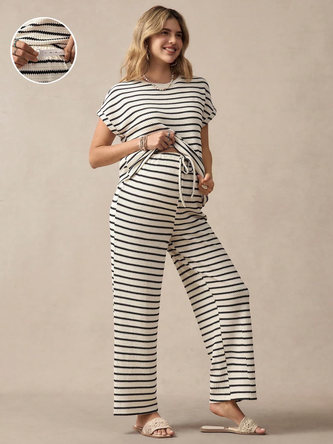 Boho Mama 2pcs/Set Maternity Short Sleeve Striped Top And Pants, Simple Fashionable Casual Everyday Wear