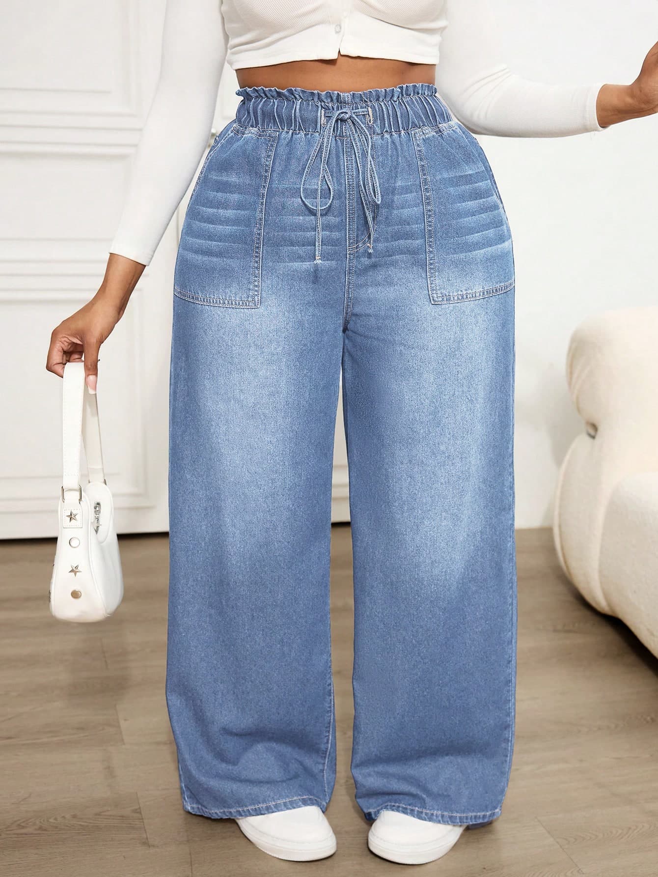 SHEIN ICON Plus Size Casual Loose Elastic Waistband Straight Leg Jeans, Blue