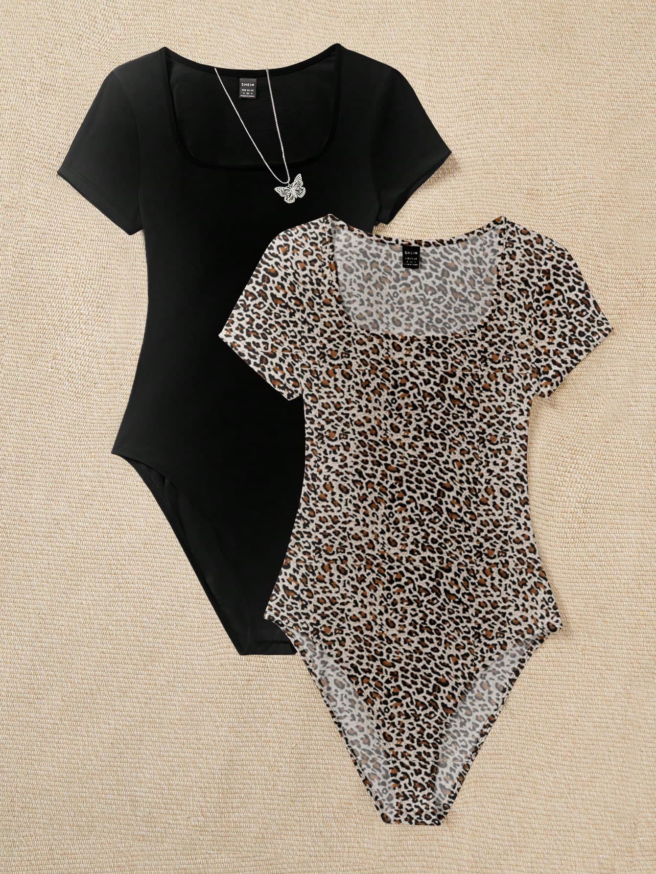 Attitoon 2pcs/Set Plus Size Women Leopard Print & Solid Color Bodysuit, Casual Minimalist Round Neck Short Sleeve Bodysuit, Suitable For Summer