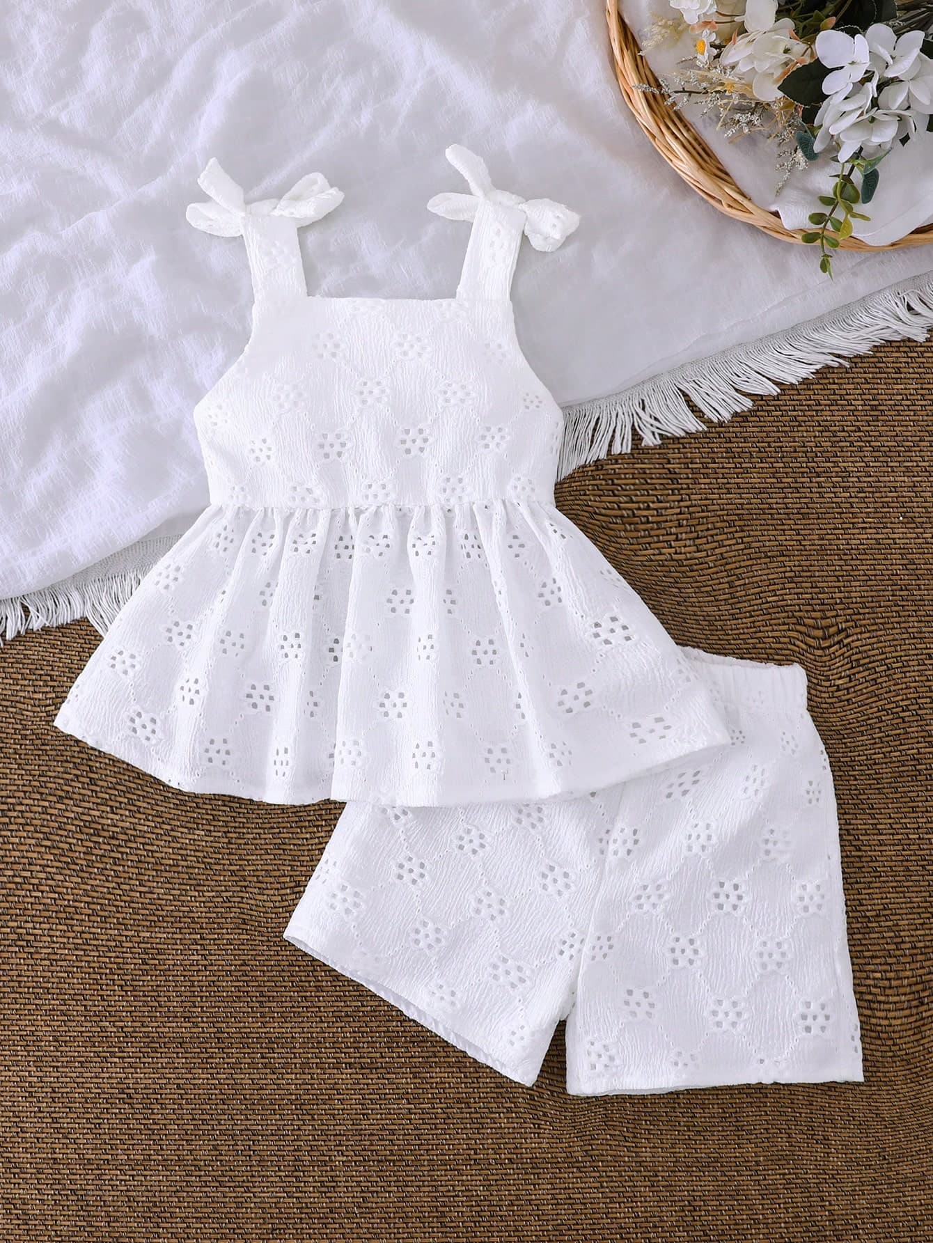 Vintaside Kids Baby Girl Vacation Burnout Embroidery Bow Shoulder Design Ruffle Hem Top And Shorts Cute Casual Outfit Set