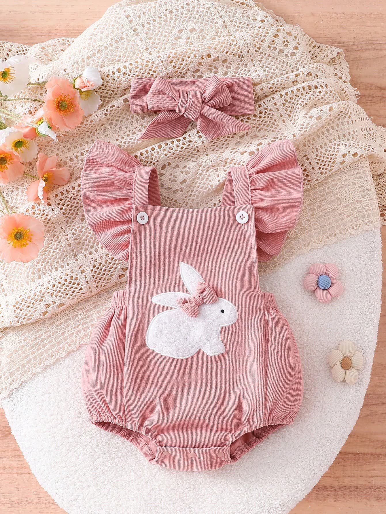 SHEIN Playful Pals 2pcs Baby Cute Rabbit Embroidery & Pom Pom Decor Bodysuit Set, Summer