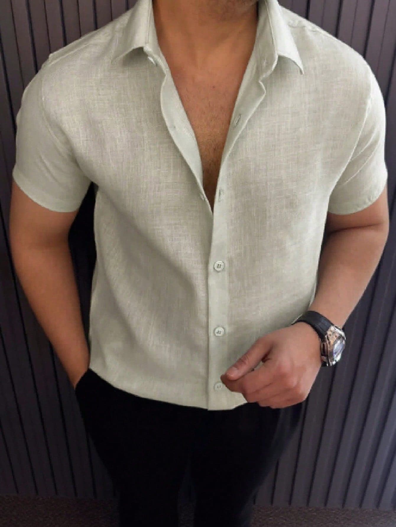 SHEIN Manfinity Dauomo Casual Fashionable Versatile Solid Color Short Sleeve Men's Button Up Shirt