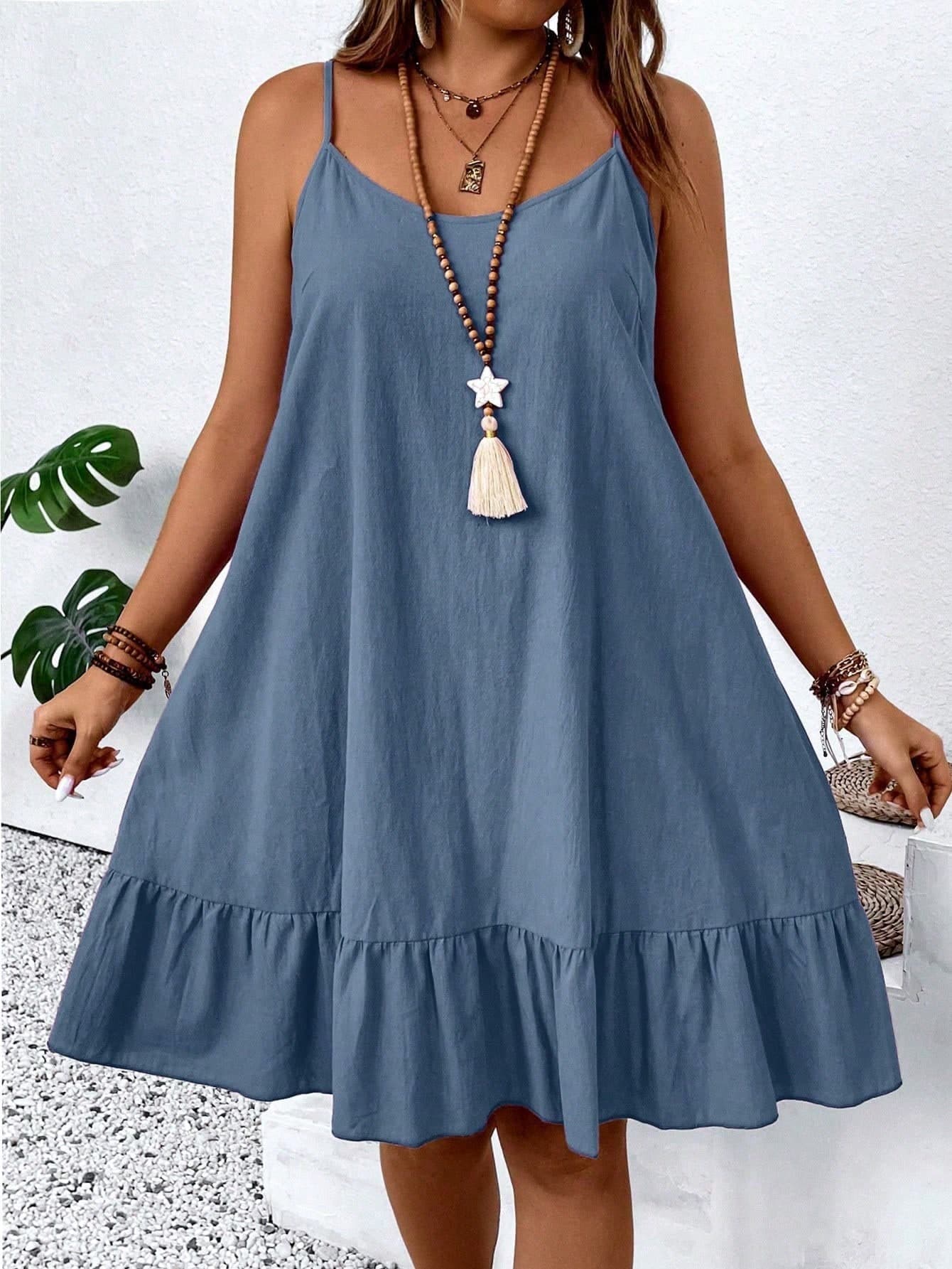 SHEIN LUNE CURVE Plus Size Women's Solid Color Ruffle Hem Cami Dress, Summer